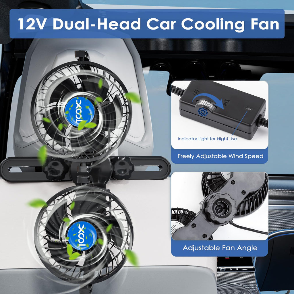XOOL Clip Car Fan, 9 Inches 12V/24V Fan, 360° Rotatable Electric Cooling Clip on Fan with Stepless Speed Regulation for SUV, RV, Truck