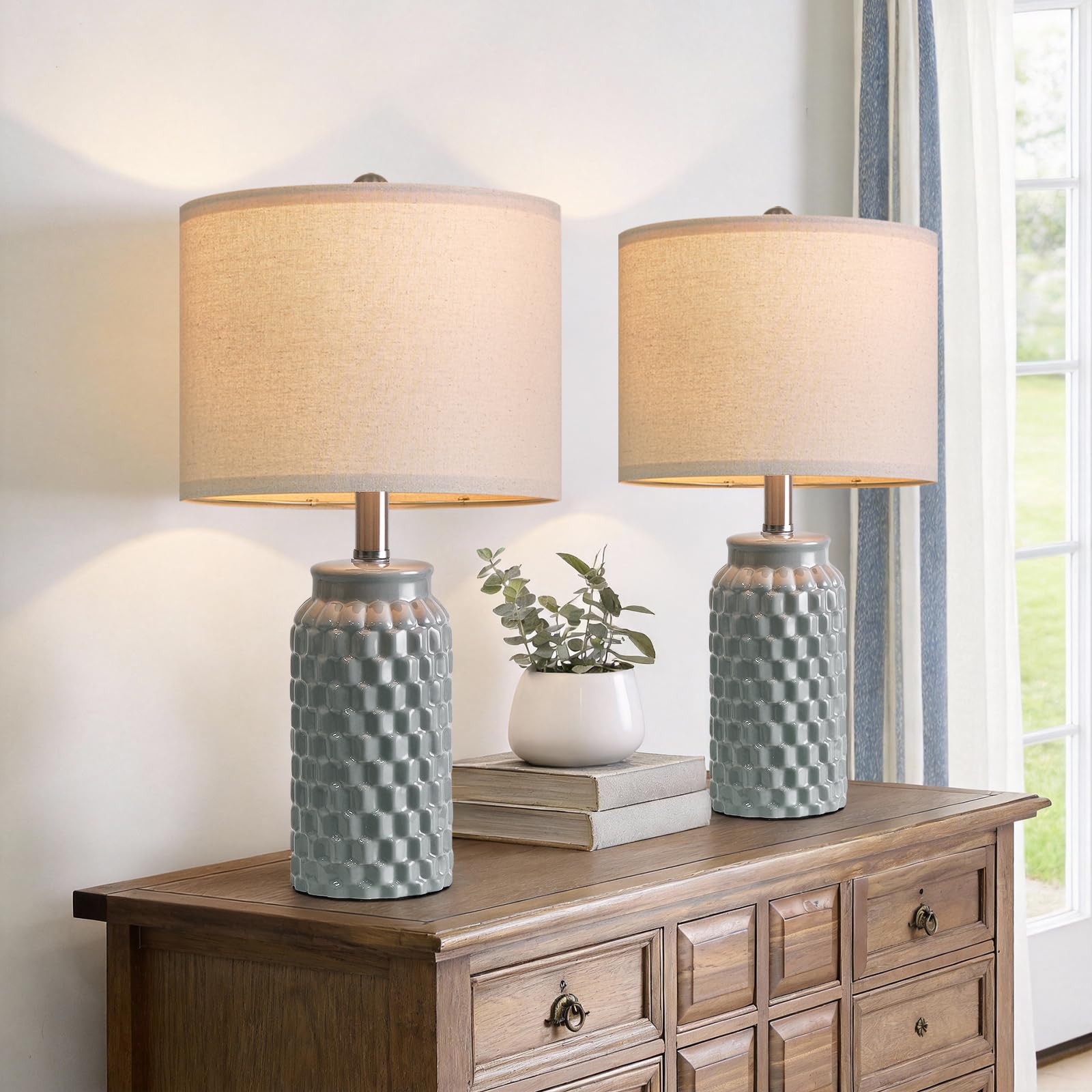 USumkky 20.5" Gold Modern Ceramic Bedside Lamp Set of 2 for Bedroom Decor Farmhouse Table Lamp for Living Room Office Dorm