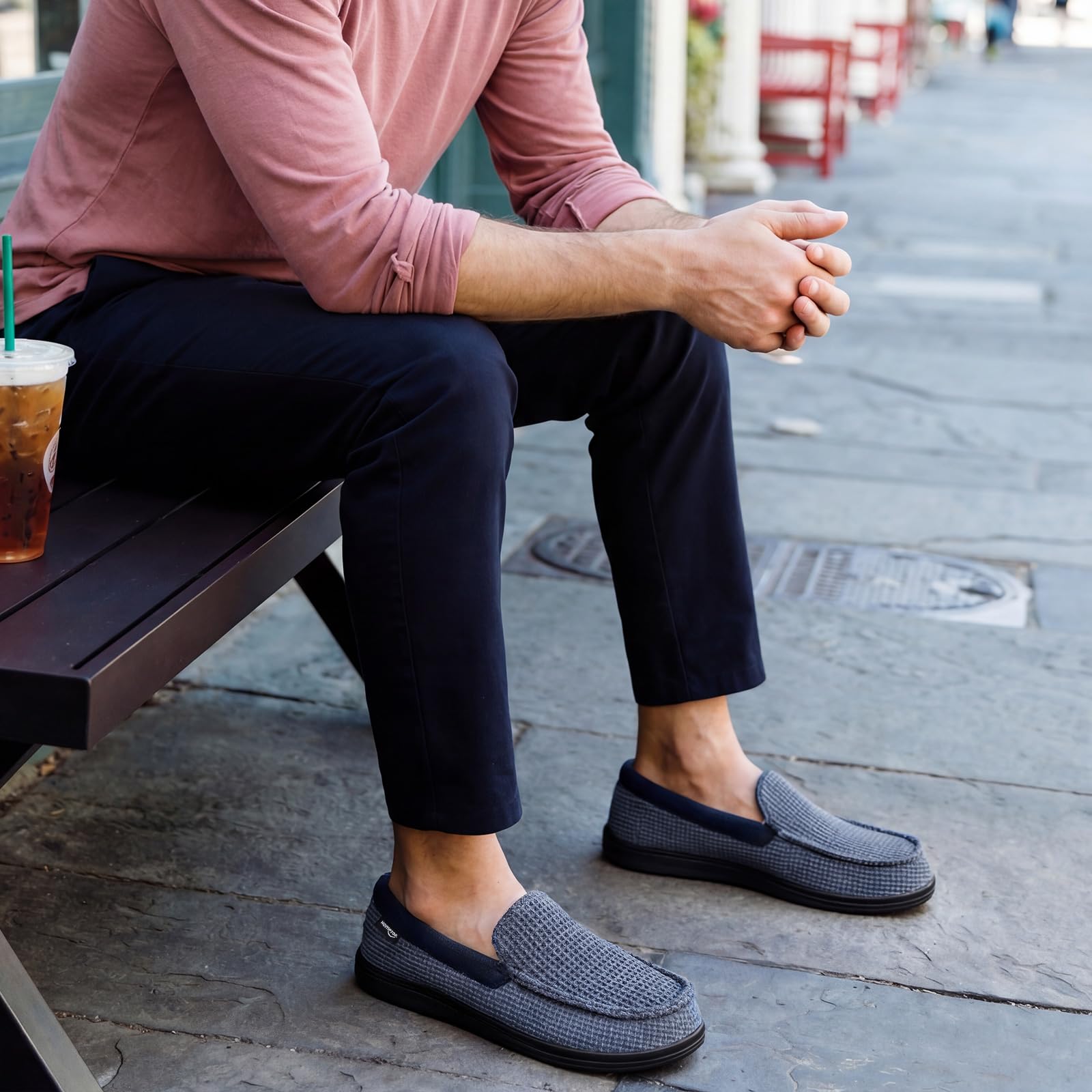HomeTop Men's Comfort Memory Foam Moccasin Slippers, Breathable Cotton Knit Terry Cloth House Shoes for Indoor Outdoor