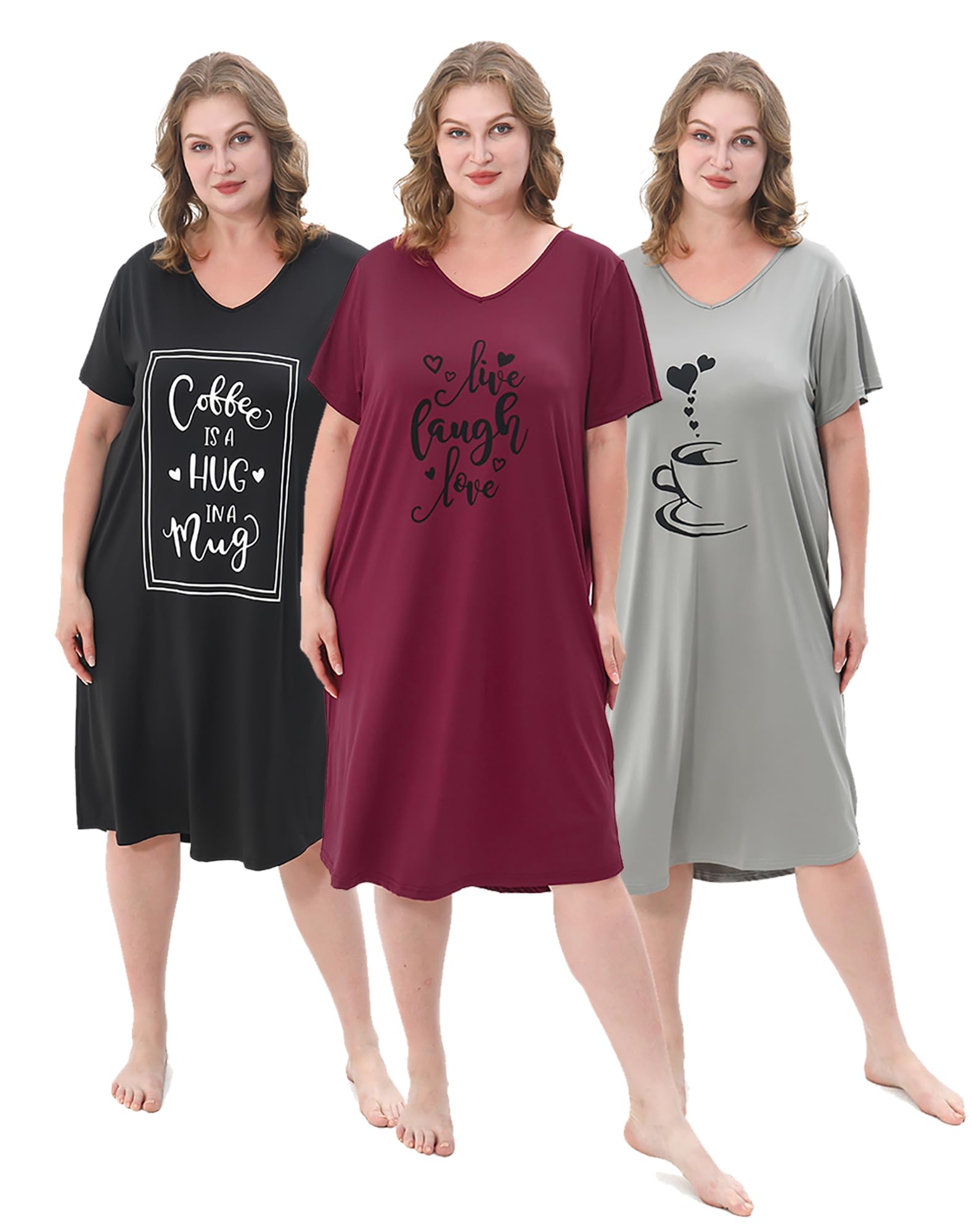 3 Pack Plus Size Women's Nightgown Soft Print Nightshirts for Women Short Sleeve Sleepwear