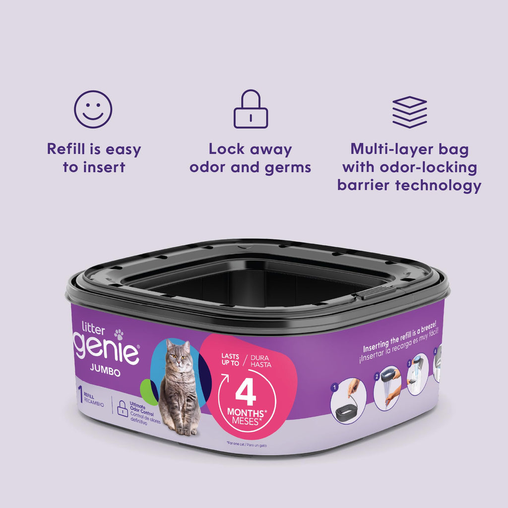 Litter Genie Refill Bags | Jumbo 6-Pack 168 total ft | Up to 24 months of supply in 6 cartridges | Ultimate Odor Control Cat Litter Bags