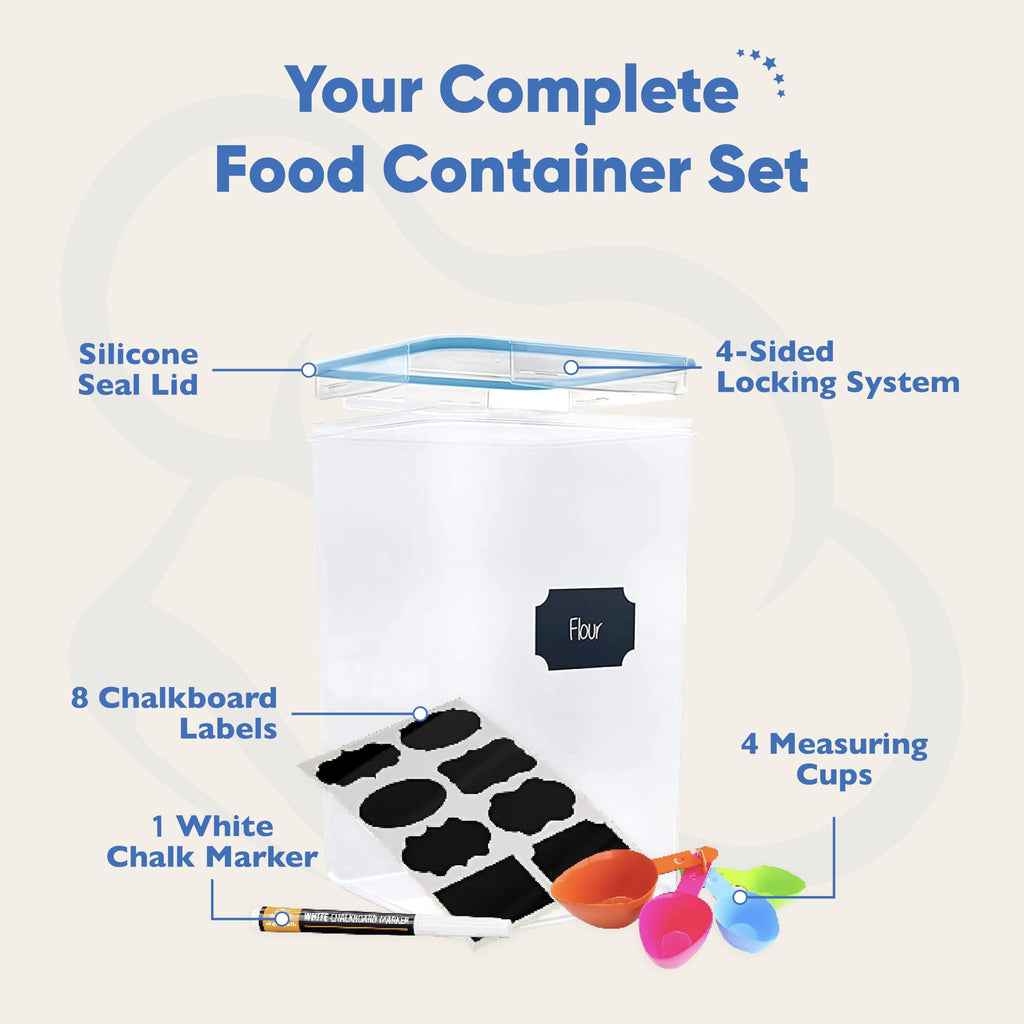 Chef's Path Kitchen Storage Box Set of 4 Extra Large Airtight Food Storage Jars for Sugar Flour Cereal Rice - Measuring Spoons, Pen and Food Preservation Labels (5.2 L)