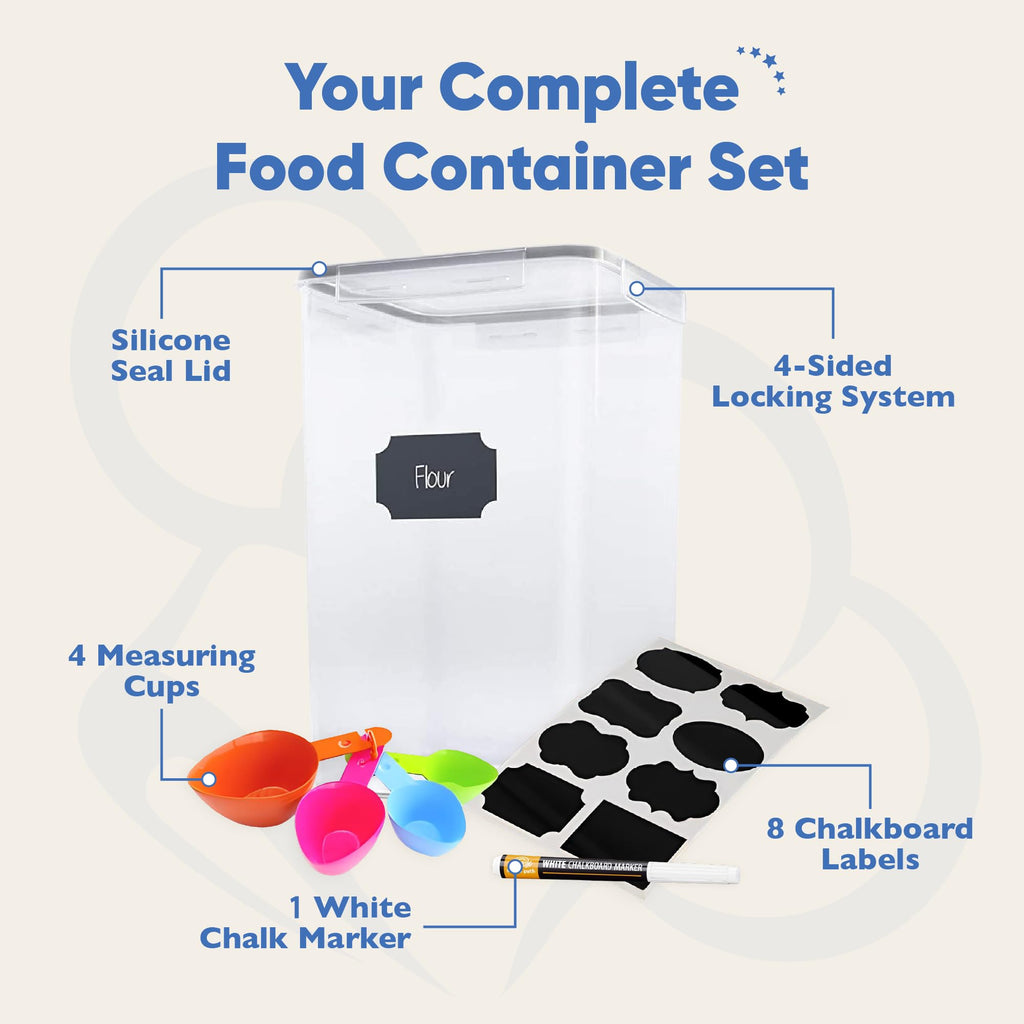 Chef's Path Kitchen Storage Box Set of 4 Extra Large Airtight Food Storage Jars for Sugar Flour Cereal Rice - Measuring Spoons, Pen and Food Preservation Labels (5.2 L)