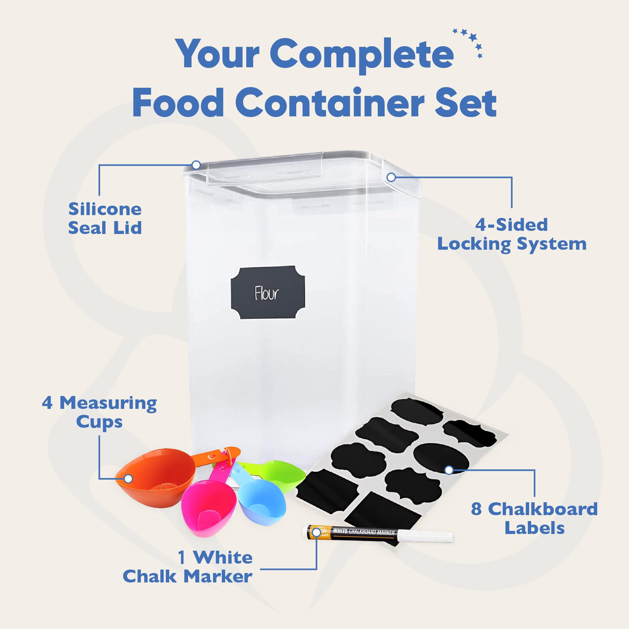 Chef's Path Kitchen Storage Box Set of 4 Extra Large Airtight Food Storage Jars for Sugar Flour Cereal Rice - Measuring Spoons, Pen and Food Preservation Labels (5.2 L)