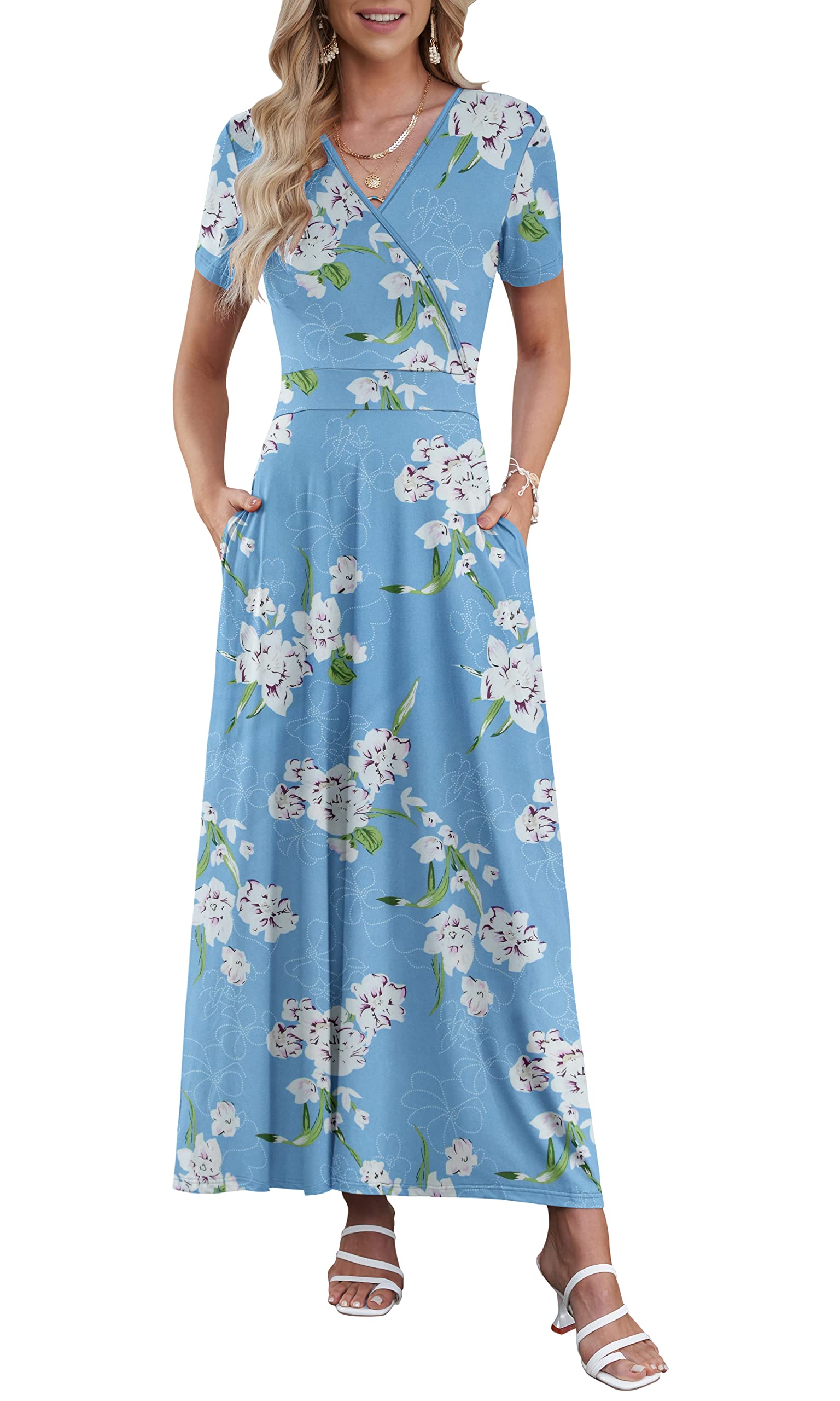 AUSELILY Maxi Dresses for Women Ankle Length Floral Print Beach Long Flowy Dress with Pockets