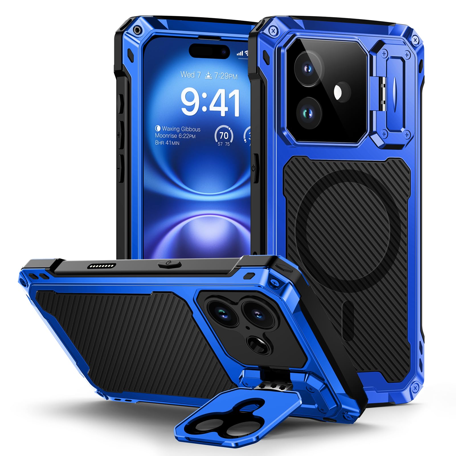 Lanhiem for iPhone 16 Metal Case with Camera Cover & Stand [Compatible with MagSafe] [Built-in Kickstand] [Military-Grade Protection] Heavy Duty Rugged Magnetic Phone Case, Black