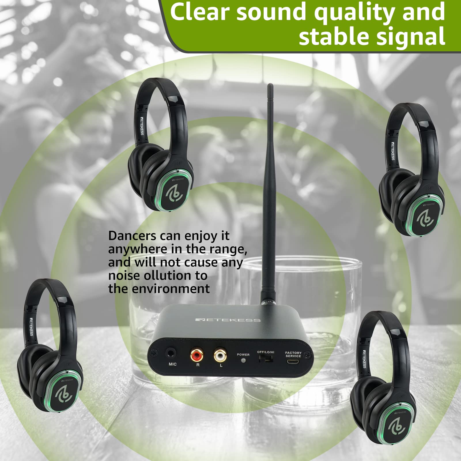 Retekess TA003 Silent Disco System, Silent Disco Transmitter, 3 Channels,Plug and Play, 300m Range for House Party, Fitness and School (1 Transmitter)
