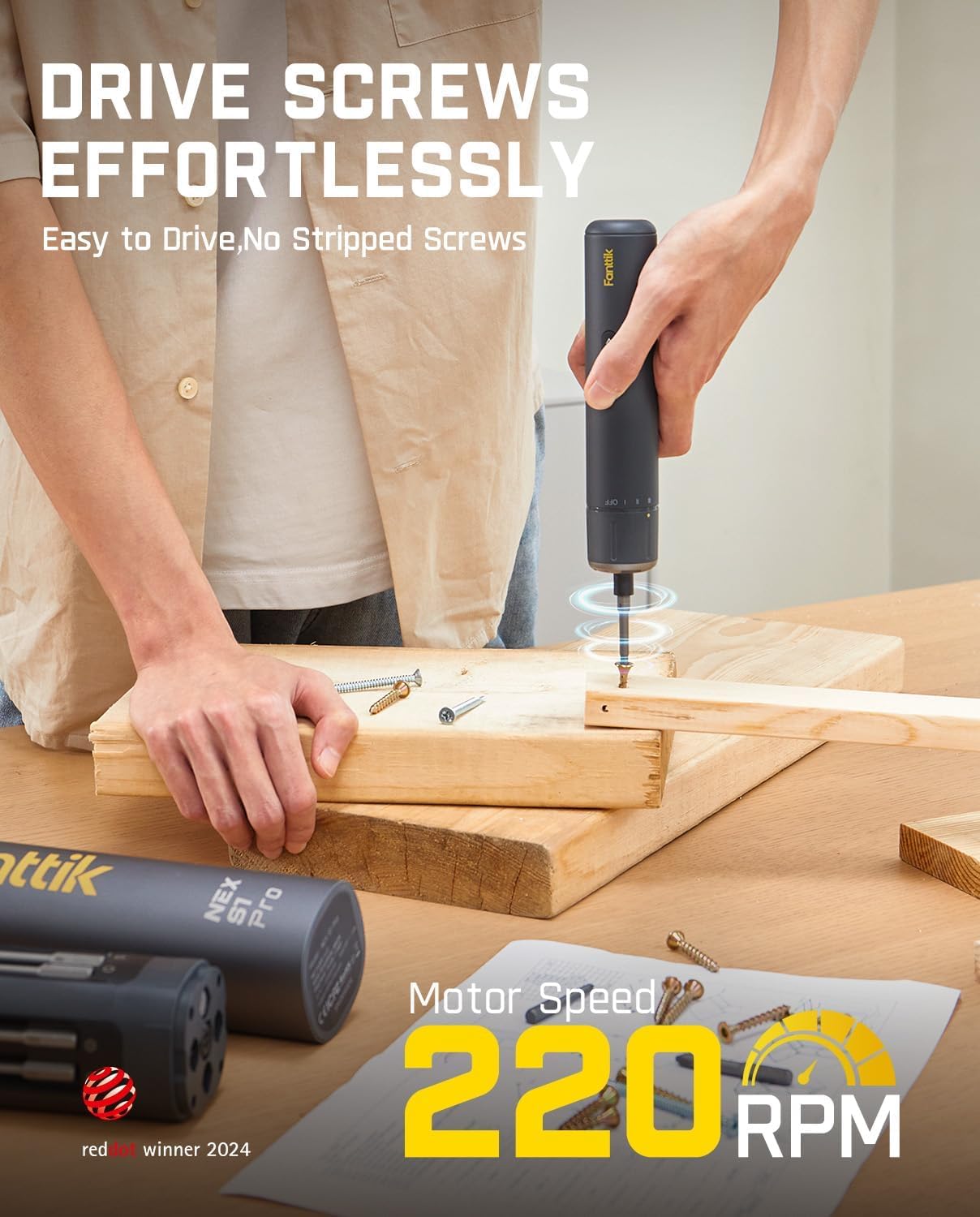 Fanttik S1 Pro Electric Screwdriver, Power Screwdriver with16 S2 Steel Bits, 3 Torque Settings, Max 6 N.m, 2000mAh Battery, LED Light & 1/4''Hex, Ideal Tool for Furniture & Gaming PC