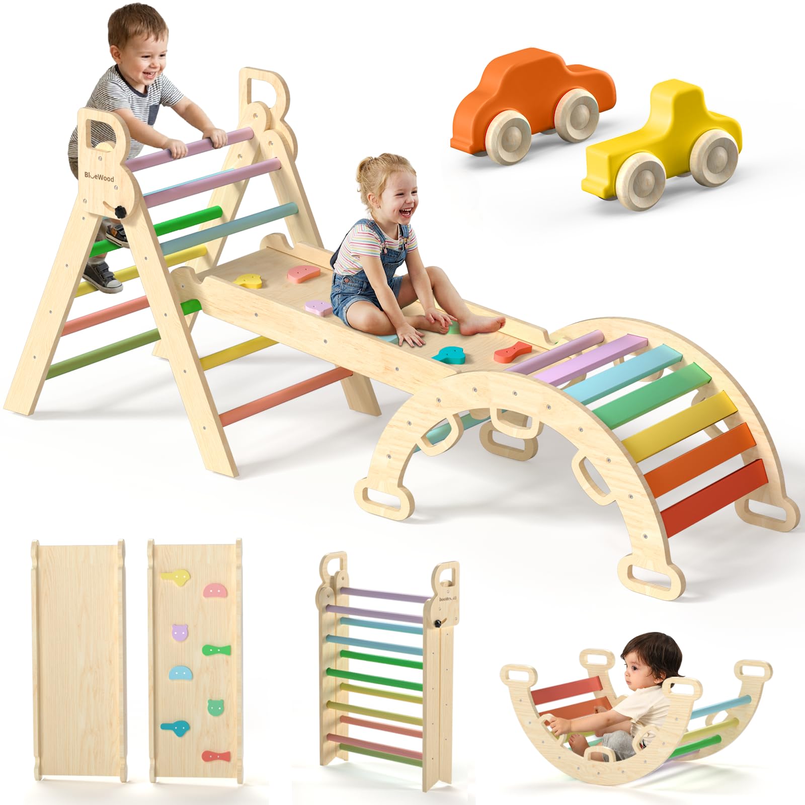 BlueWood Pikler Triangle Set with Safe Handle, Foldable 7-in-1 Montessori Toddler Climbing Toys Indoor, Wooden Pickler Climbing Set, Baby Jungle Gym & Playground, Climbing Toys for 1-3 Year, Colorful