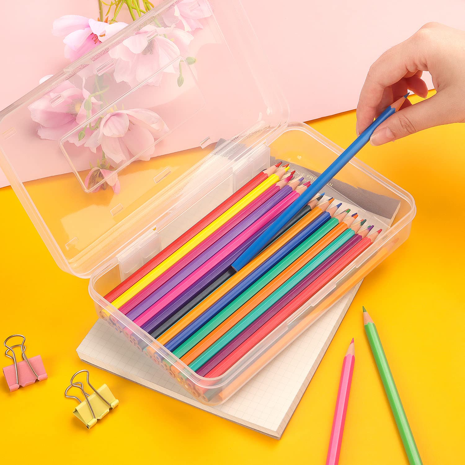 Tamaki 1 Pack Plastic Pencil Box Large Capacity Pencil Boxes Clear Boxes with Snap-tight Lid Stackable Design and Stylish Office Supplies Storage Organizer Box, Black