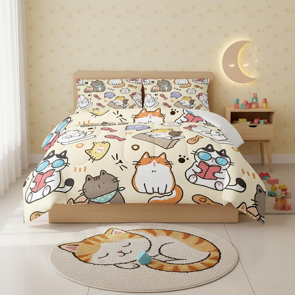 QOOMO Floral Cat Comforter Twin Size,Pink Cat Bedding Set for Kids Teens Girls,3Pcs Bedding Set Printed Comforter with 2 Pillowcases,Down Alternative,Soft and Lightweight(Pink，Twin Size)