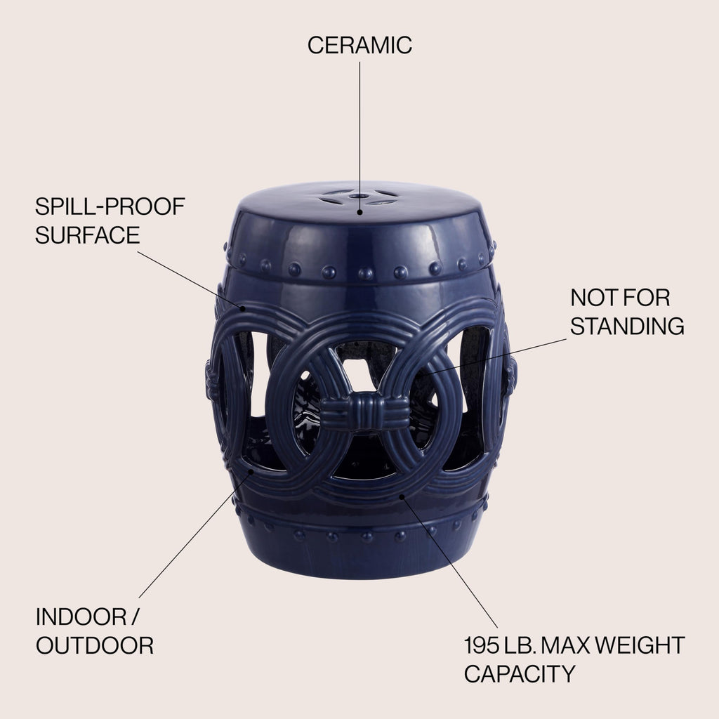 JONATHAN Y Lucky Coins 16" Ceramic Garden Stool, Contemporary Blue/White Cutout Interlocking Rings Drum Indoor/Outdoor Side Table and Plant Stand for Patio, Garden, Living Room TBL1027A