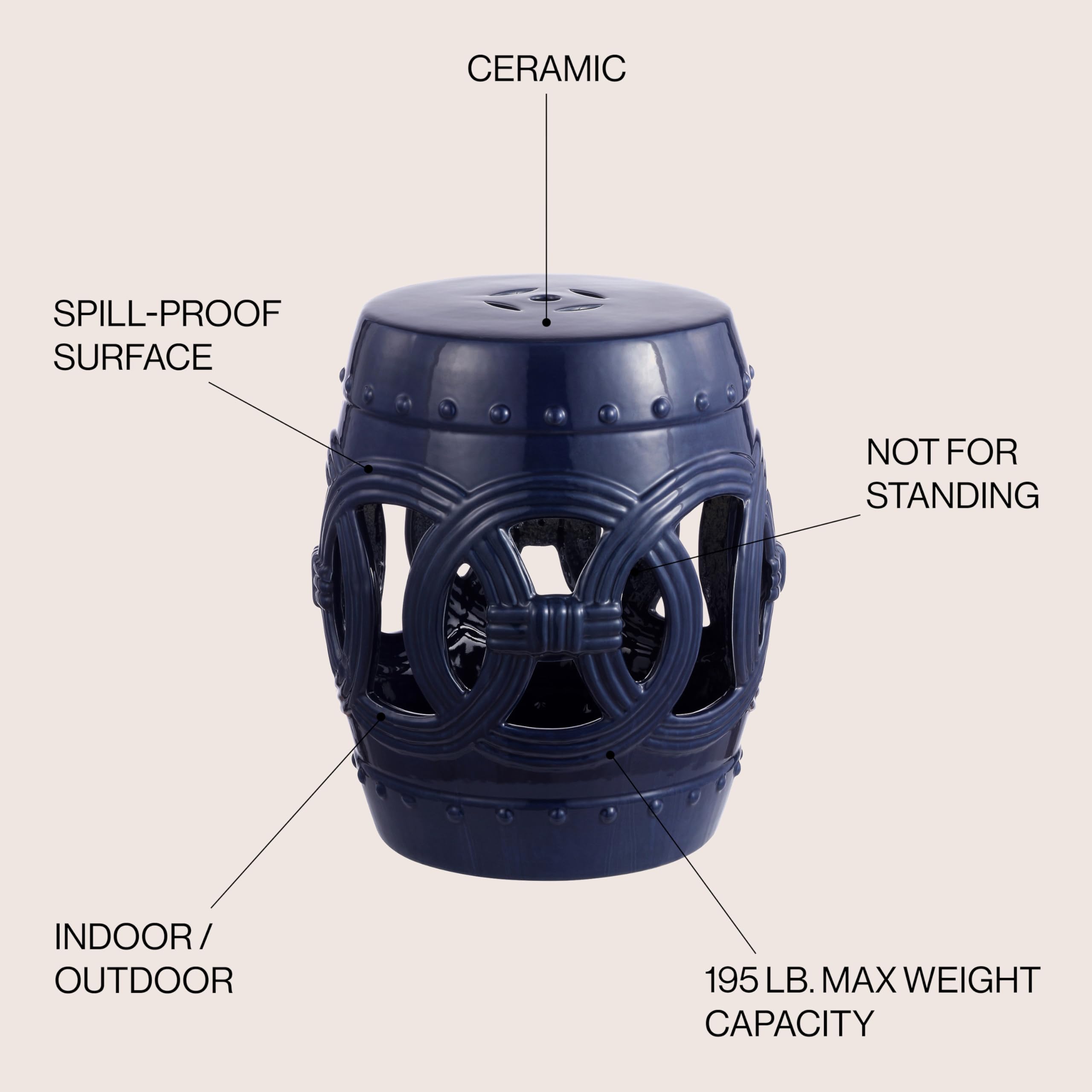 JONATHAN Y Lucky Coins 16" Ceramic Garden Stool, Contemporary Blue/White Cutout Interlocking Rings Drum Indoor/Outdoor Side Table and Plant Stand for Patio, Garden, Living Room TBL1027A