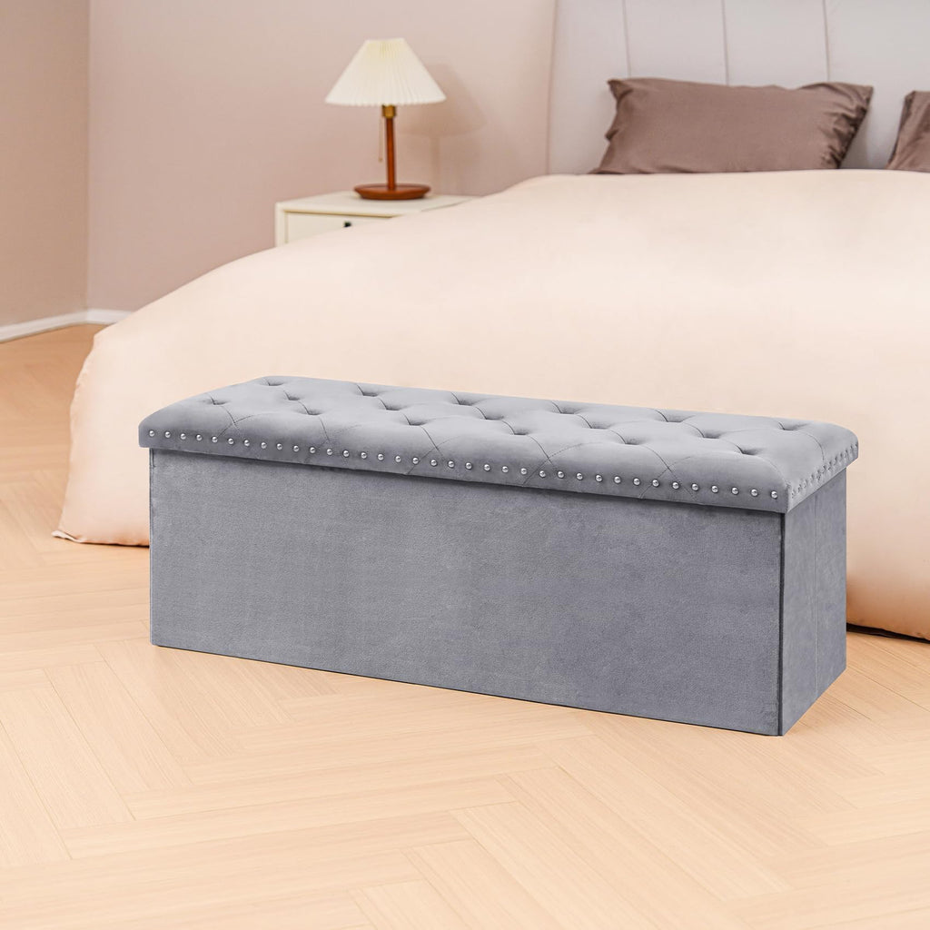 PINPLUS Folding Storage Ottoman Bench, Folding Velvet Tuffed Foot Rest Stool with Rivet, End of Bed Bench Large Long Shoes Chest for Bedroom Entryway Living Room, Beige, 41.3 Inches