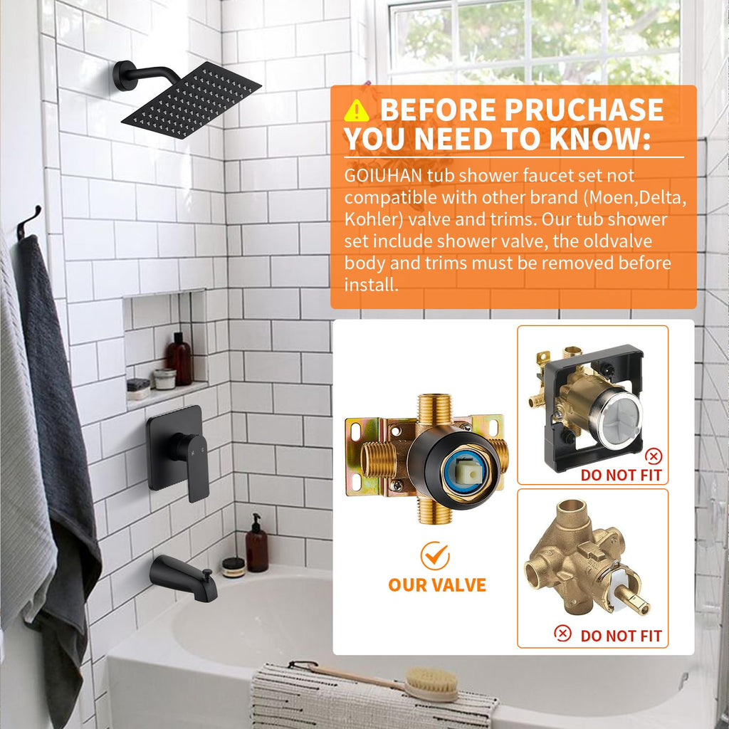 Gold Brushed Tub Shower Faucet Set With 8" Shower Head & Spout