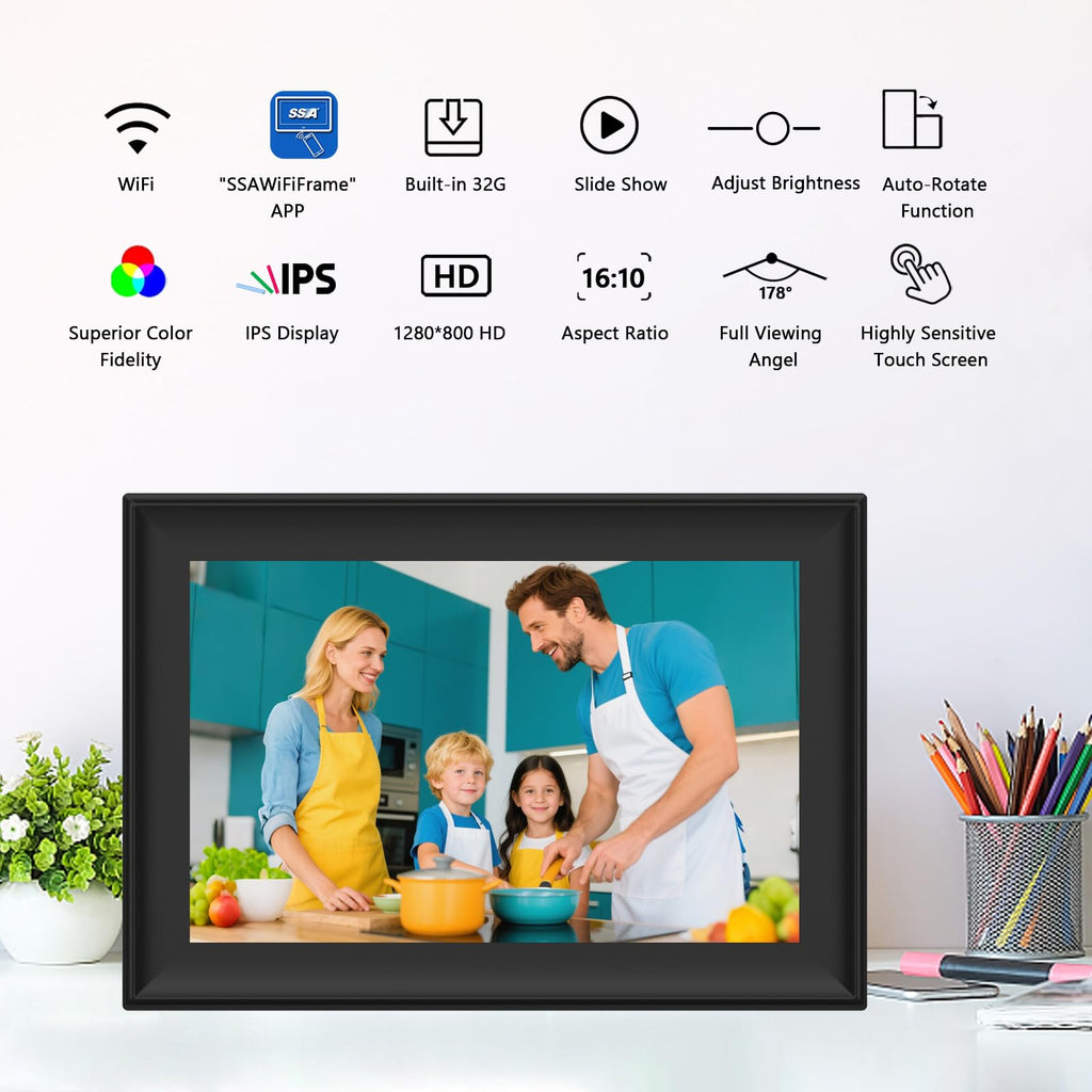 SSAWiFiFRAME Digital Picture Frame 10.1 inch WiFi Smart Photo Frame,1280 * 800 IPS Touchscreen Auto-Rotate, Built in 32GB Memory, 50 Photos /200MB Video Sharing via Free APP，Gift for Women/Mom