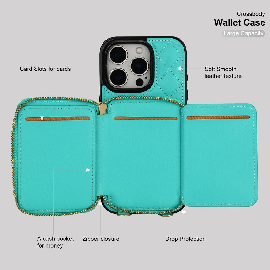 Bocasal Crossbody Wallet Case for iPhone 16 Pro, RFID Blocking PU Leather Zipper Handbag Purse Flip Cover, Kickstand Folio Case with Card Slots Holder Wrist Strap Lanyard 5G 6.3 Inch (Black)