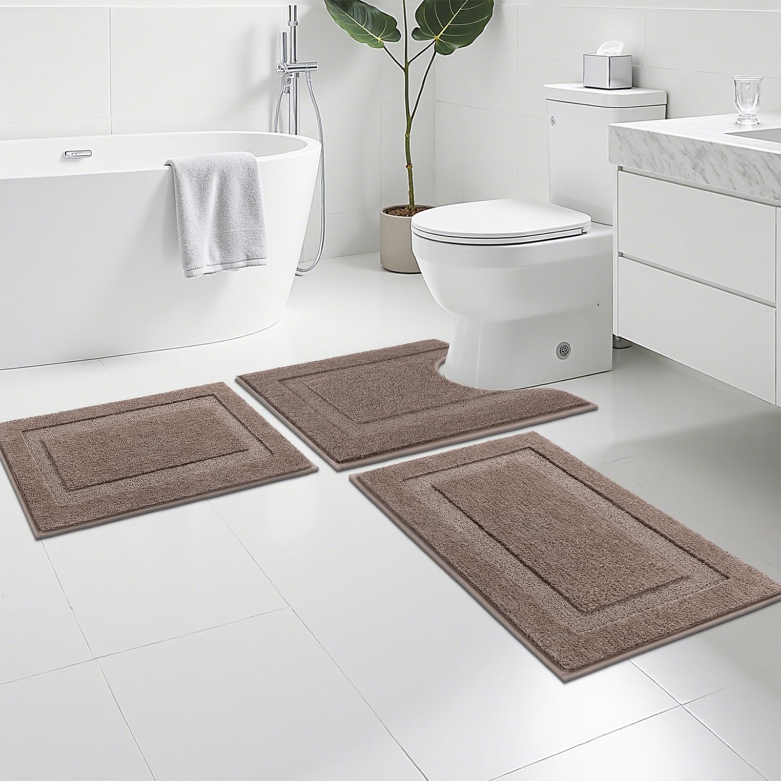 SHACOS Black Bathroom Rugs Sets 3 Piece, 16"x24" + 20"x32" Non Slip Bath Mat and 20"x24" Toilet Rugs U Shaped Washable, Soft Fluffy Water Absorbent Bath Rugs for Bathroom