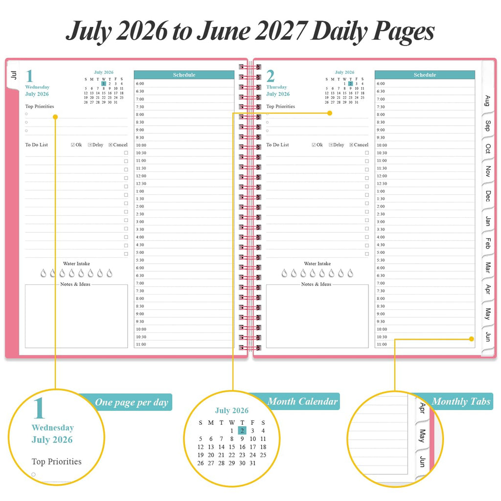 2026-2027 Daily & Monthly Planner - One Page Per Day, Daily Planner from July 2026 to June 2027, Planner 2026-2027 with 12 Monthly Tabs, 6.4" x 8.5", Black
