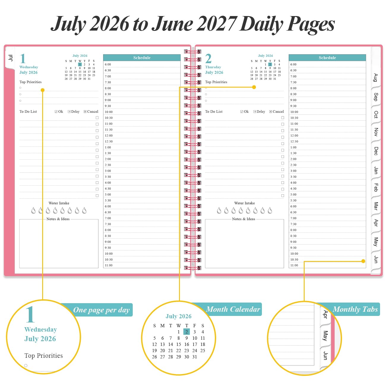 2026-2027 Daily & Monthly Planner - One Page Per Day, Daily Planner from July 2026 to June 2027, Planner 2026-2027 with 12 Monthly Tabs, 6.4" x 8.5", Black