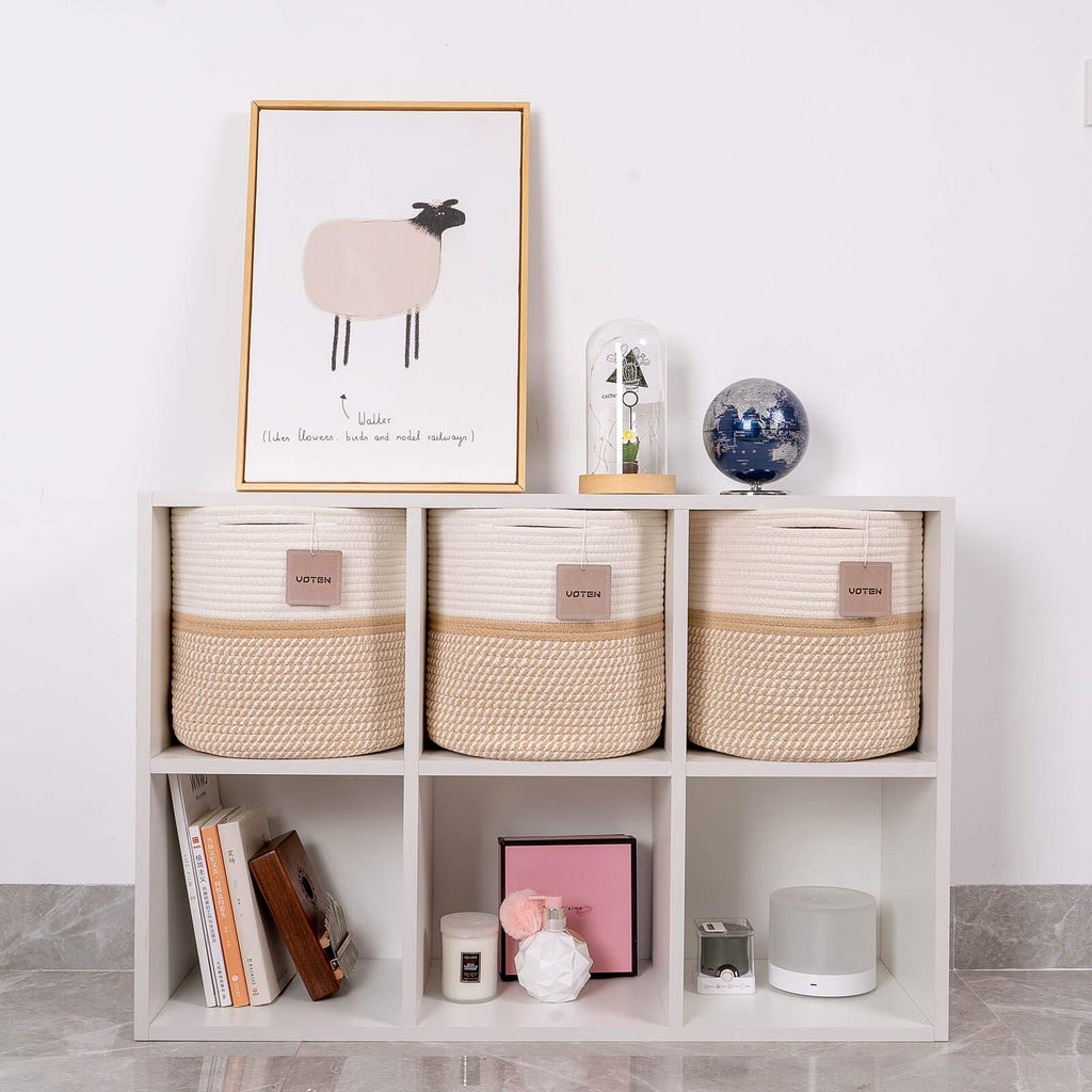 voten Cube Storage Baksets Bins 11x11’’ Fit 12x12’’ Organizer Bookcases Shelving,Stylish&Durable Woven Cotton Basket Containers for Organizing 3-Pack Off White/Mixed Camel