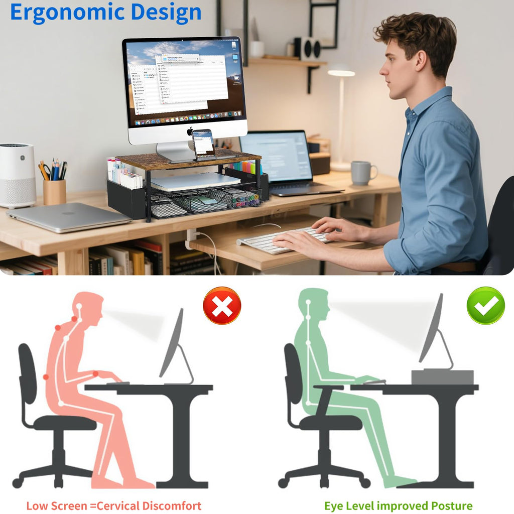 AUPSEN 2 Tier Computer Monitor Stands with Drawer and 2 Pencil Holder, Metal Monitor Stand Monitor riser, Computer Desk Organizer and Accessories for Laptop, Computer, Printer, Office Supplies(Black)