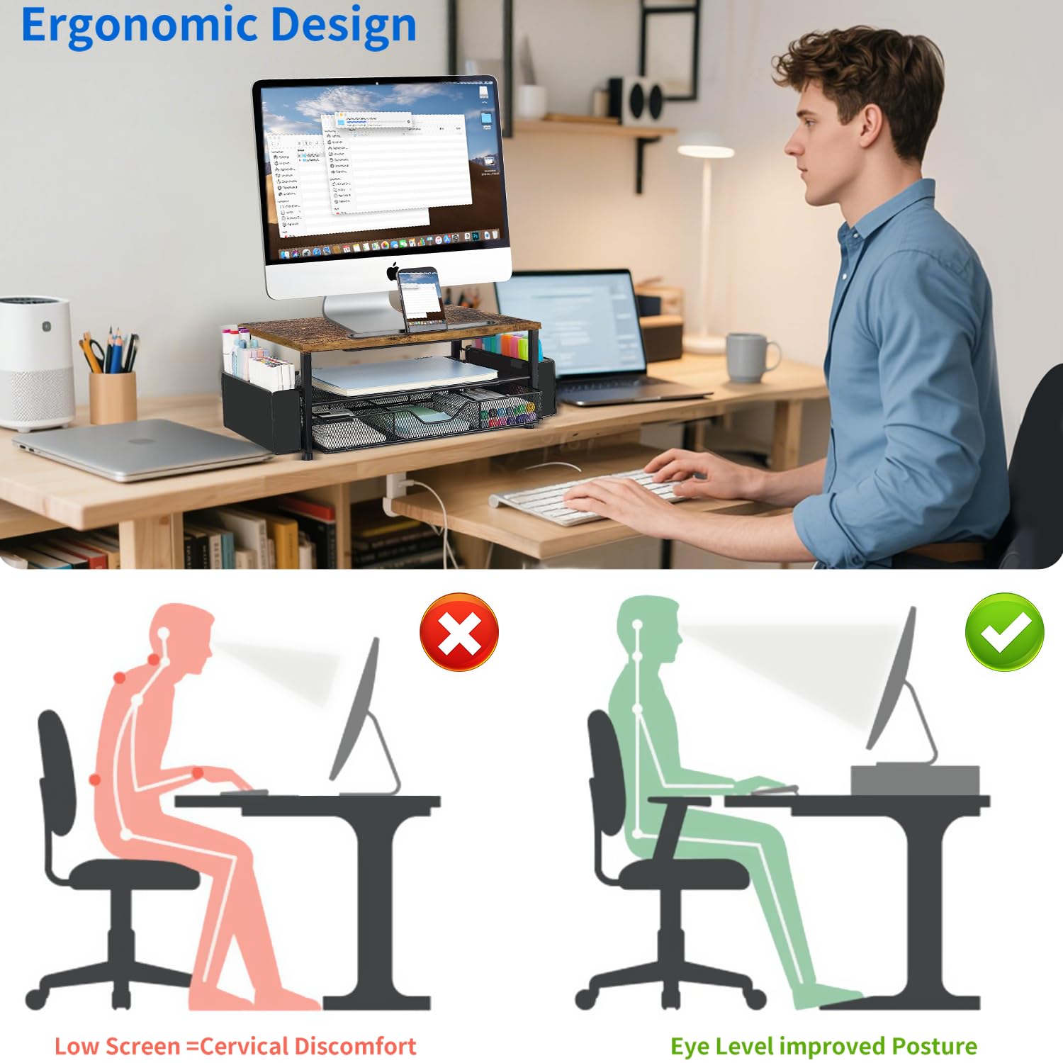 AUPSEN 2 Tier Computer Monitor Stands with Drawer and 2 Pencil Holder, Metal Monitor Stand Monitor riser, Computer Desk Organizer and Accessories for Laptop, Computer, Printer, Office Supplies(Black)