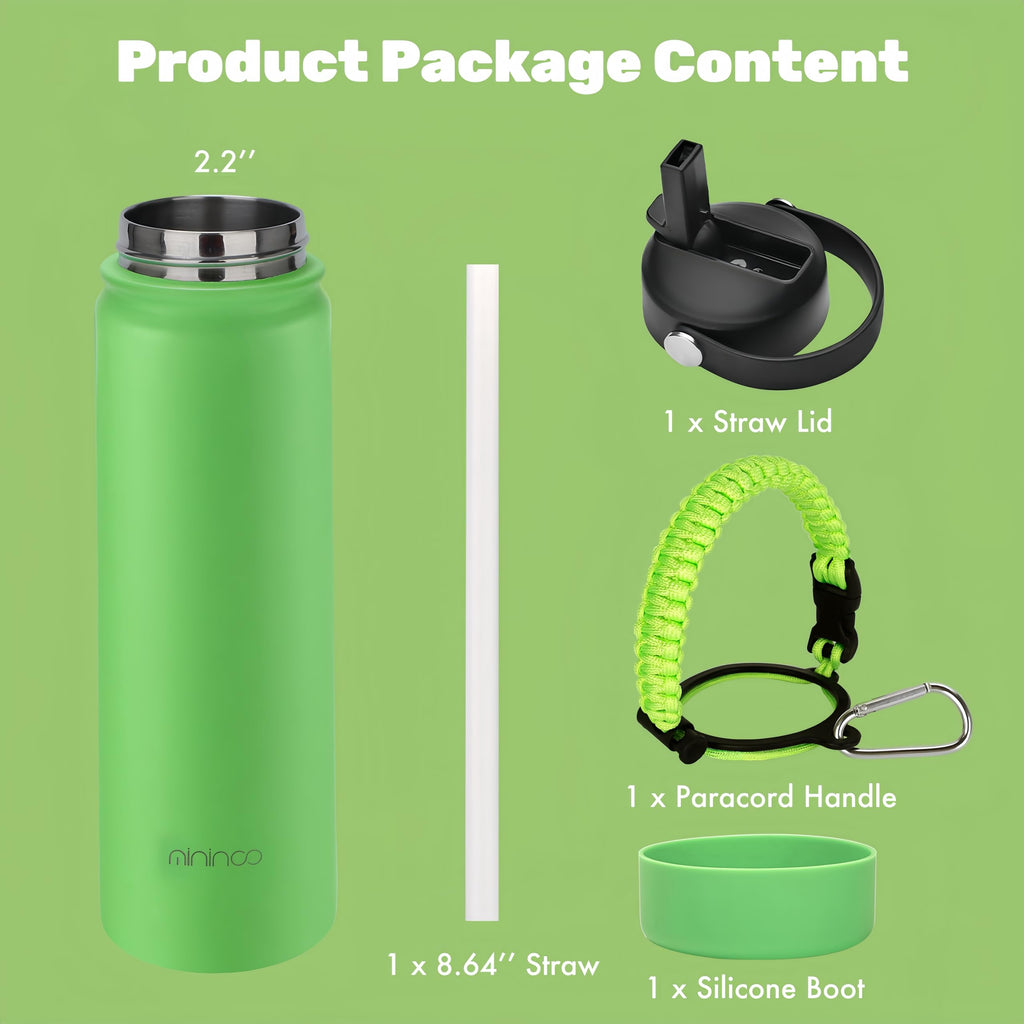 mininoo 24 oz Insulated Water Bottle with Straw Lid, Stainless Steel Double Wall Vacuum, Leak Proof, BPA Free, Keep Cold for 24H & Hot for 12H-2 pack(Black)