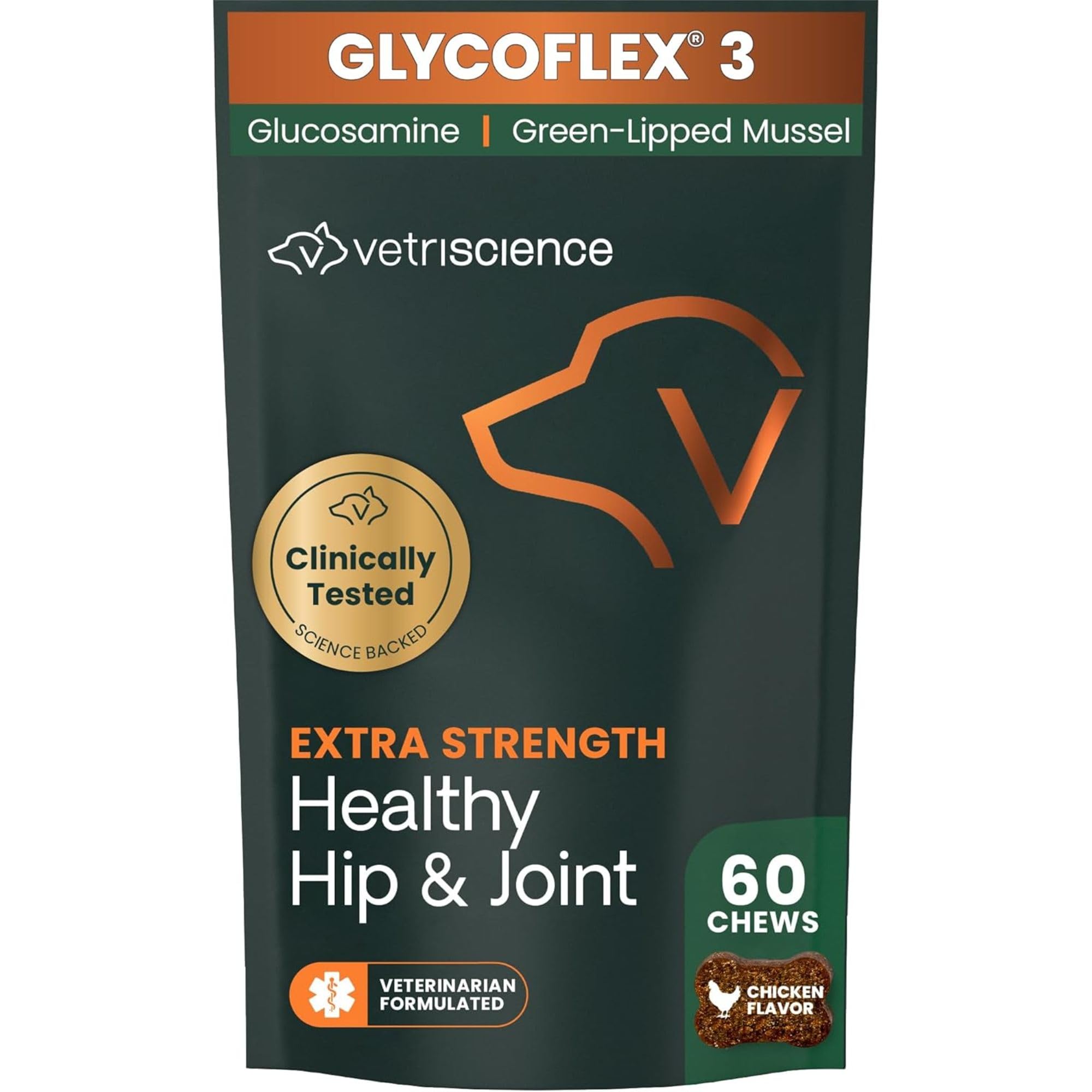 VetriScience Glycoflex 3 Vet Strength Glucosamine for Dogs Hip and Joint Supplement - Clinically Proven Mobility and Joint Supplement with MSM, DMG and Green Lipped Sea Mussel, Chicken, 60 Chews