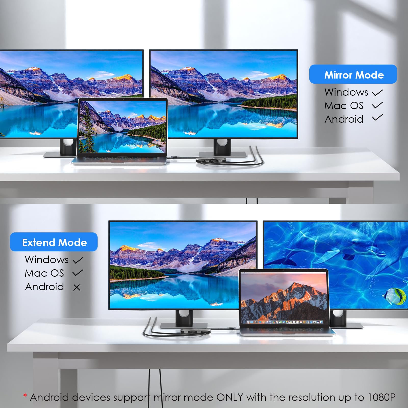 WAVLINK USB C or USB 3.0 to Dual HDMI/DisplayPort Adapter, Displaylink Monitor Splitter Extended Display for Dual Monitor 4K@60Hz, HDMI/DP Splitter Compatible with Mac M1-M5/Neo,Window Laptop-Black