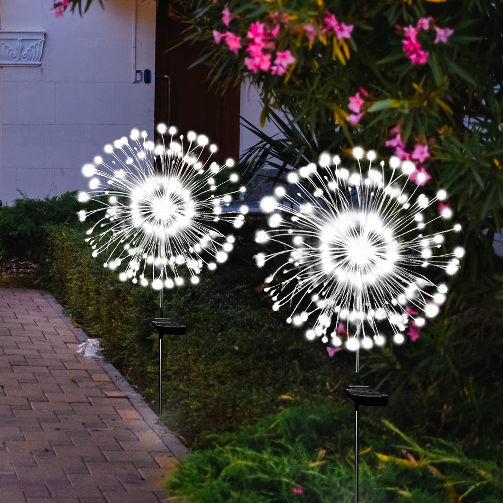 Solar Garden Firework Lights Outdoor Waterproof, 2 Pack Solar Powered Art Stake Twinkle Lighting for Outside Decor, 120 LED Sparklers String Lights for Yard Pathway Decorations(White)