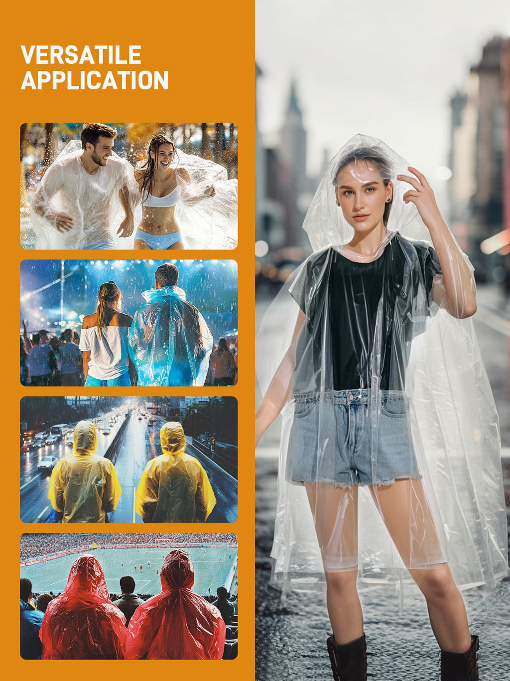 SaphiRose Disposable Rain Ponchos for Adults, 4 Pack Family Pack Clear Emergency Hooded Raincoat for Travel Camping