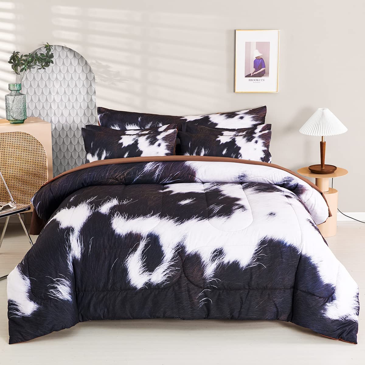 SUCSES Full Size Comforter Set with Sheets 8 Piece Cow Print Bedding Set for Boys Girls Black and White Kids Bed-in-A-Bag Farmhouse Rustic Bed Set for Bedroom (Milk Cow, Full)