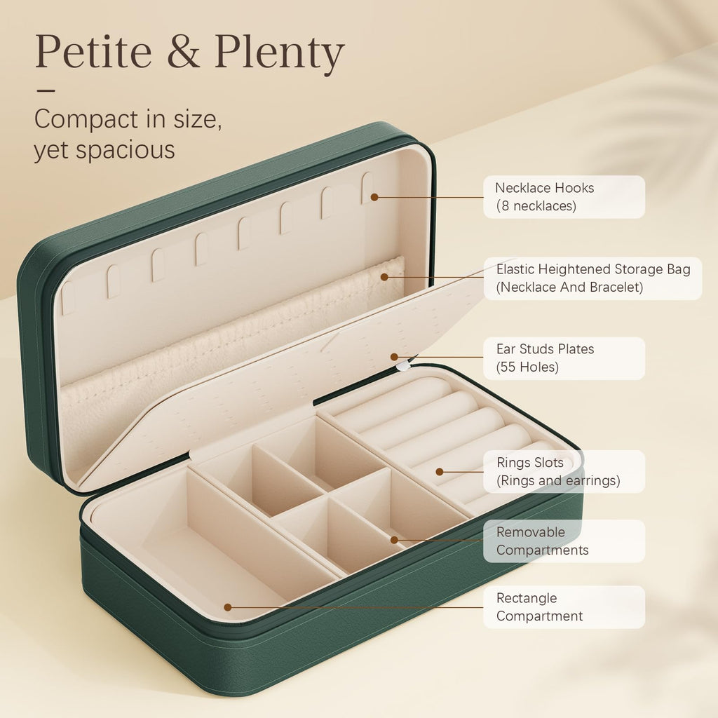 DesignSter Travel Jewelry Box, PU Leather Portable Jewelry Case, Small Jewelry Boxes for Gifts, Travel Jewelry Organizer for Women Rings Earrings Necklaces Bracelets (Avocado Green)