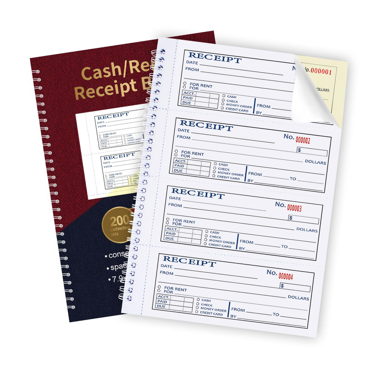 Large Money and Rent Receipt Book with Cardboard Insert,2-Part Carbonless,7.9”x11.2” Spiral Bound,200 Sets per Book,4 Receipts per Page for Office Supplier,Rent and Cash Transaction