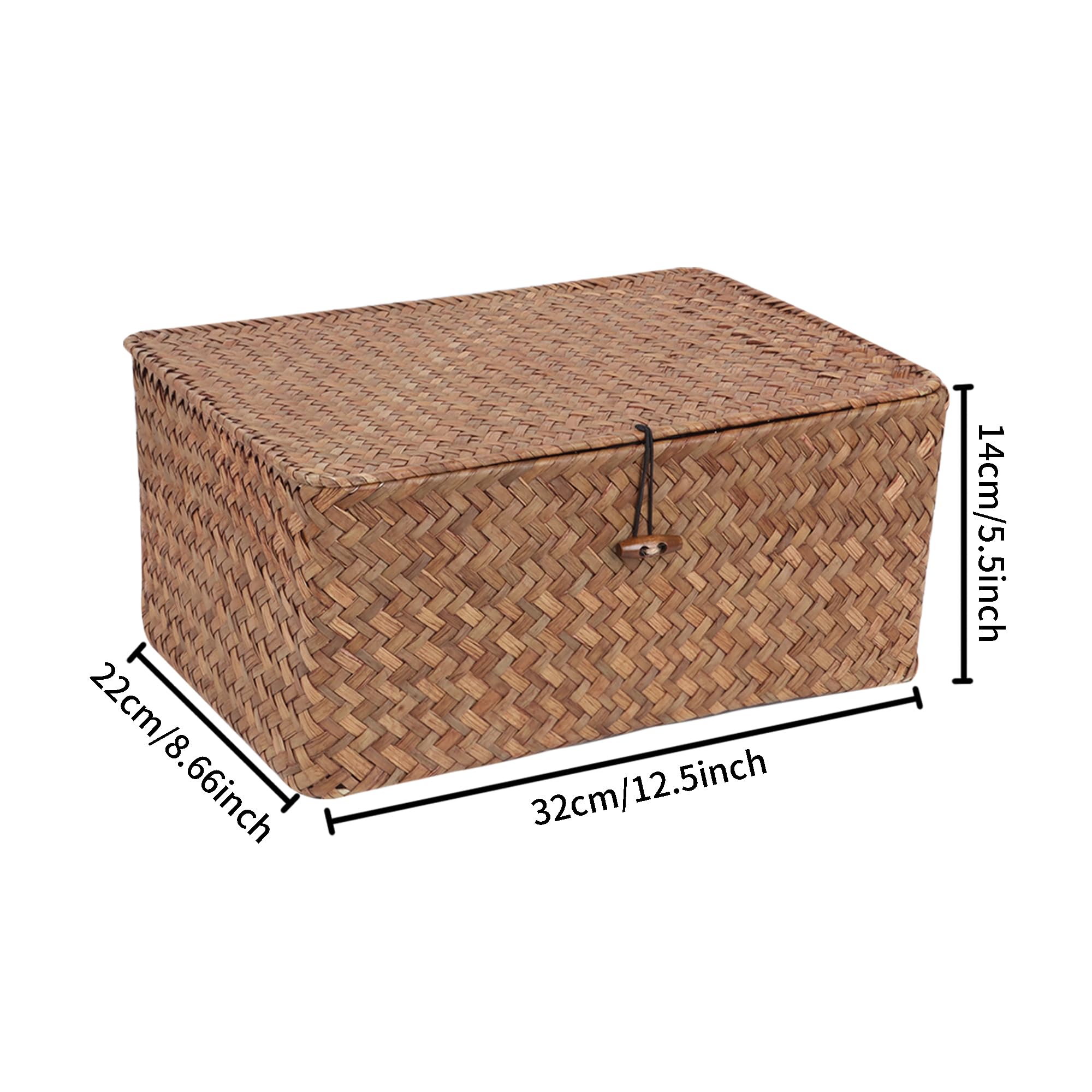 FEIALNDUO Wicker Shelf Baskets with Lid,Seagrass Storage Basket Bins Rectangular Handwoven Basket Boxes for Shelves Desktop Home Organizer (Coffee, X-Small)