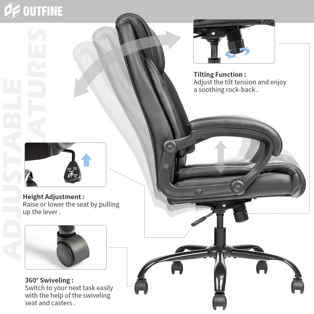 OUTFINE Office Chair Executive Office Chair Desk Chair Computer Chair with 5-Year hydrolysis-Resistant Leather Spring Cushion Ergonomic Support Tilting Function Upholstered in Bonded Leather Black