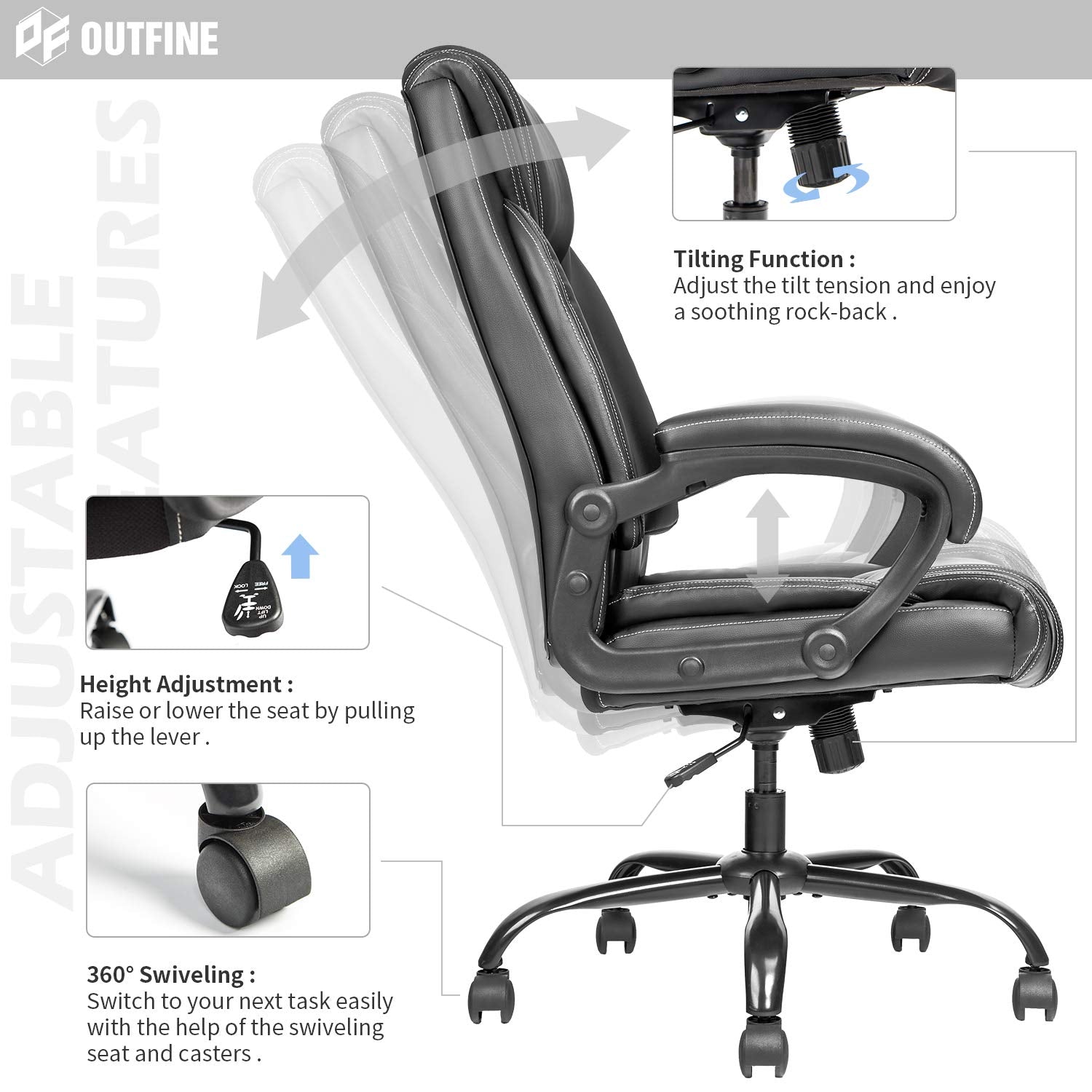 OUTFINE Office Chair Executive Office Chair Desk Chair Computer Chair with 5-Year hydrolysis-Resistant Leather Spring Cushion Ergonomic Support Tilting Function Upholstered in Bonded Leather Black