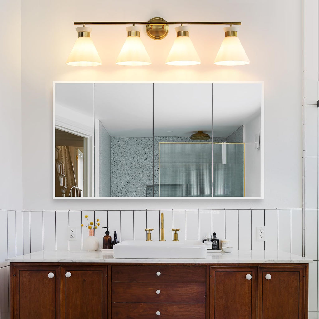 WOSHITU Gold Bathroom Light Fixtures: Modern Vanity Lighting Fixtures 2 Lights for Bathroom Mid Century Vanity Light Sconces Over Mirror with Frosted Milky Glass for Bath Bedroom Makeup