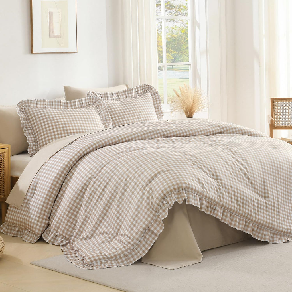 Andency Beige Twin Size Ruffle Comforter, 2 Pieces Farmhouse Shabby Classic Bed Set for Kids, Lighteweight Soft Polyester Bedding Set for Girls(1 Ruffle Comforter and 1 Pillowcase)