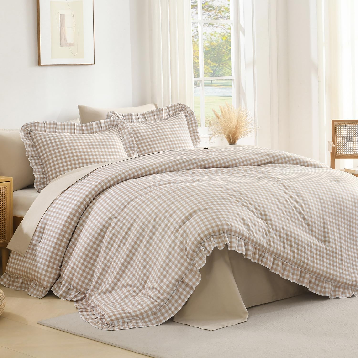 Andency Beige Twin Size Ruffle Comforter, 2 Pieces Farmhouse Shabby Classic Bed Set for Kids, Lighteweight Soft Polyester Bedding Set for Girls(1 Ruffle Comforter and 1 Pillowcase)