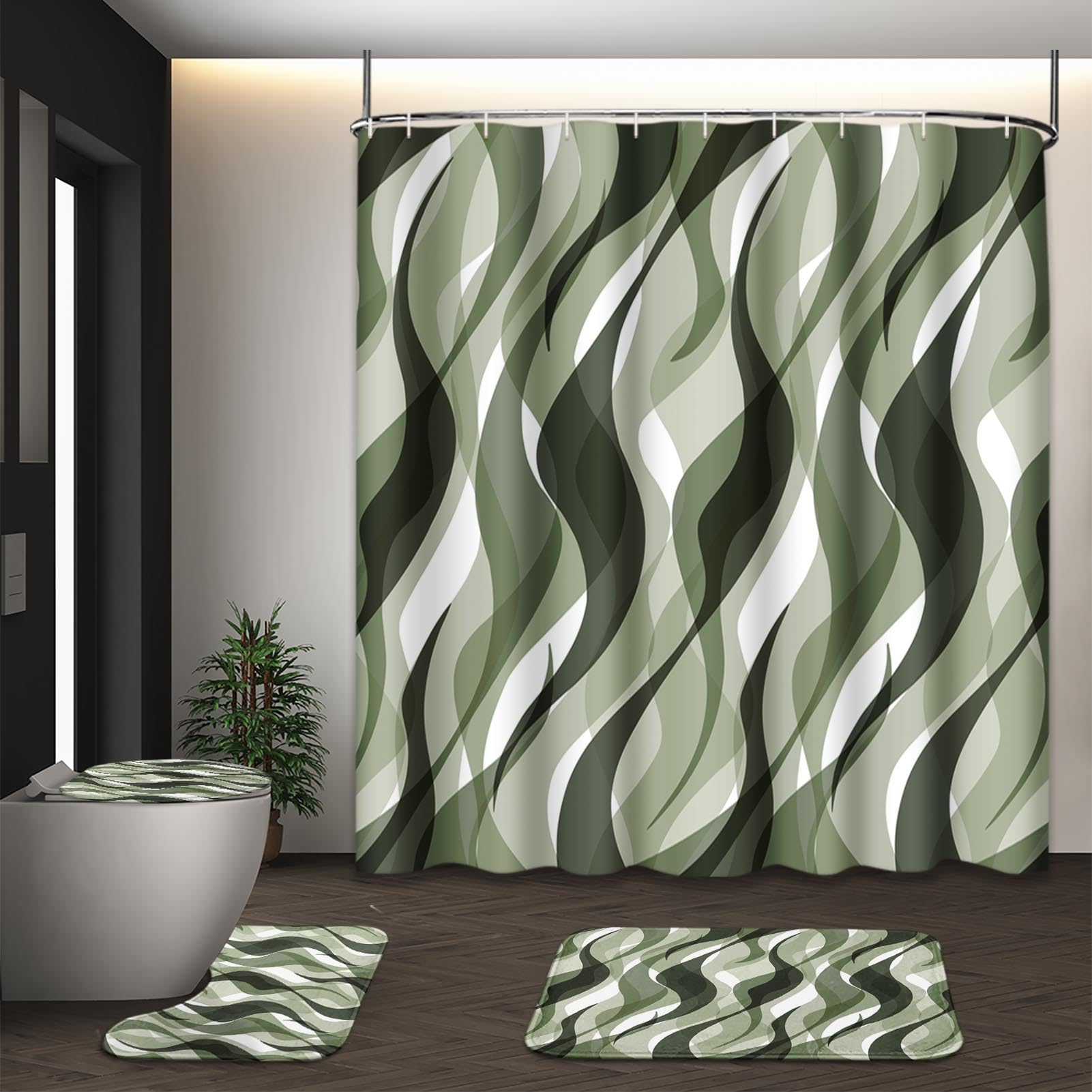 Beige Geometric Shower Curtain Set with Toilet Lid Cover and Non-Slip Rugs for Bathroom, Black Grey White Checkered 4 Pcs Shower Curtain, Modern Abstract Bathroom Set with 12 Hooks
