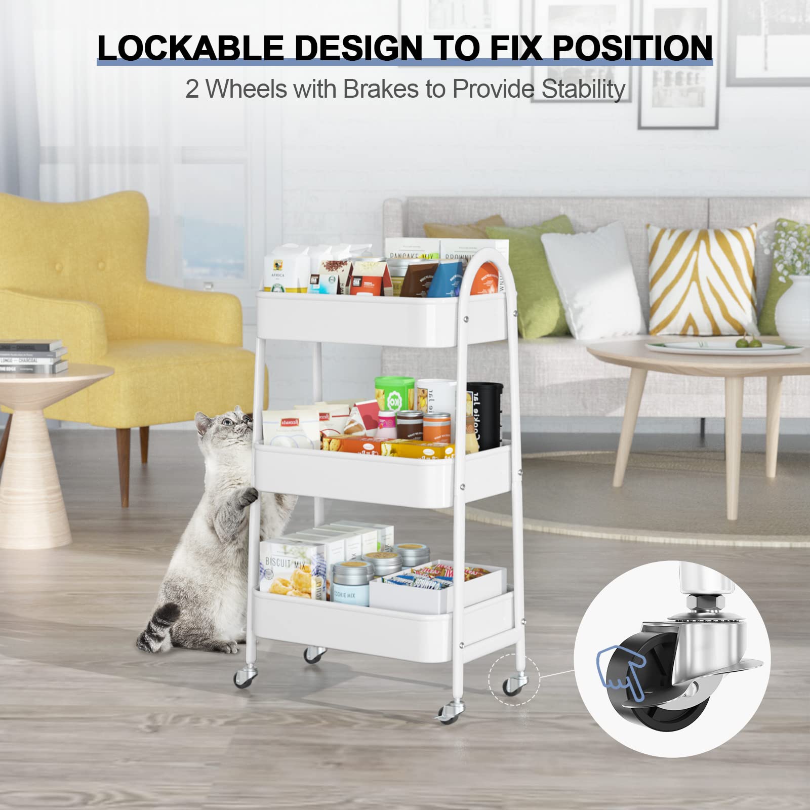 EAGMAK 3 Tier Rolling Cart, Large Metal Storage Cart with Handle and Lockable Wheels, Big Multifunctional Storage Organizer Trolley with Mesh Baskets for Kitchen, Living Room, Office, Garage (Beige)