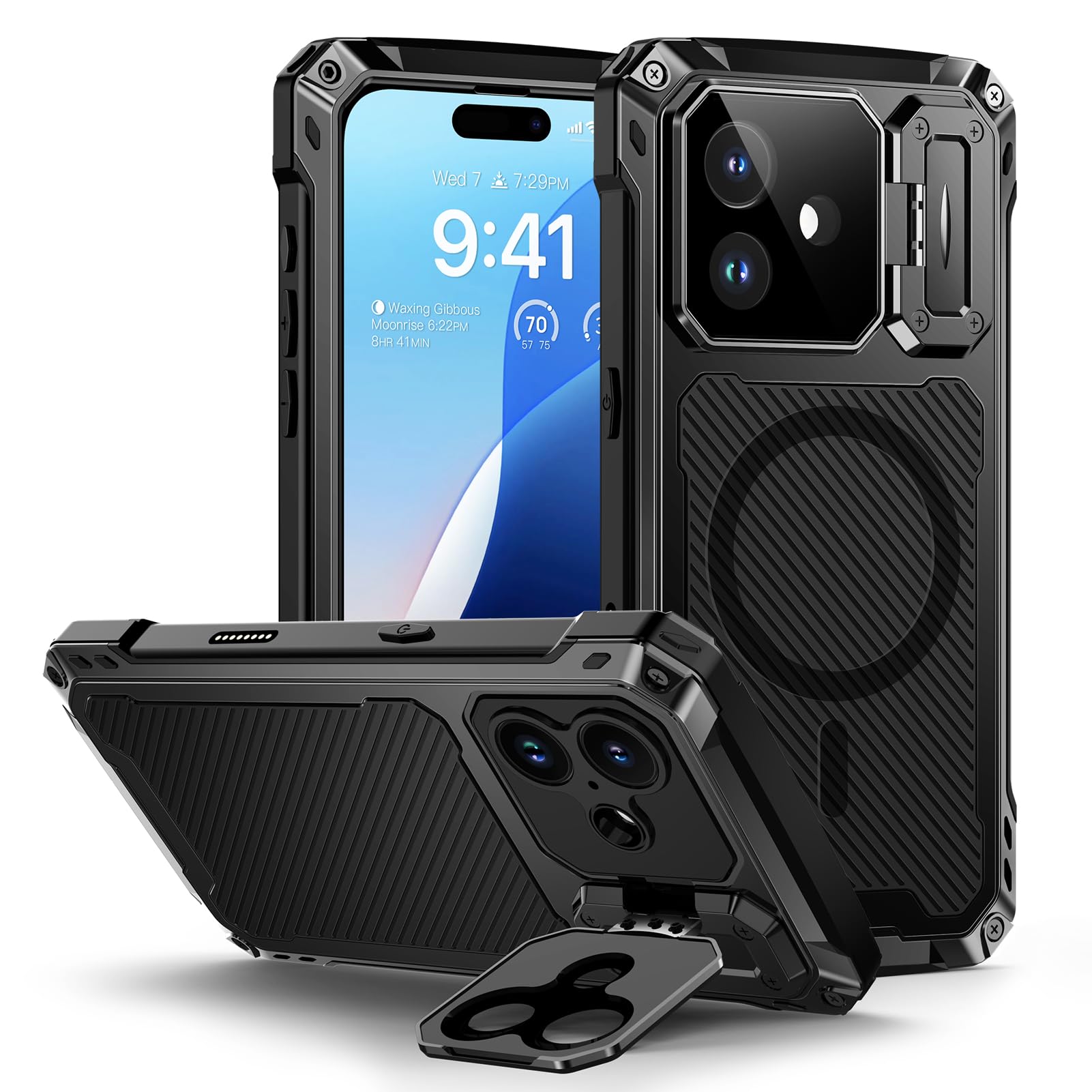 Lanhiem for iPhone 16 Metal Case with Camera Cover & Stand [Compatible with MagSafe] [Built-in Kickstand] [Military-Grade Protection] Heavy Duty Rugged Magnetic Phone Case, Black
