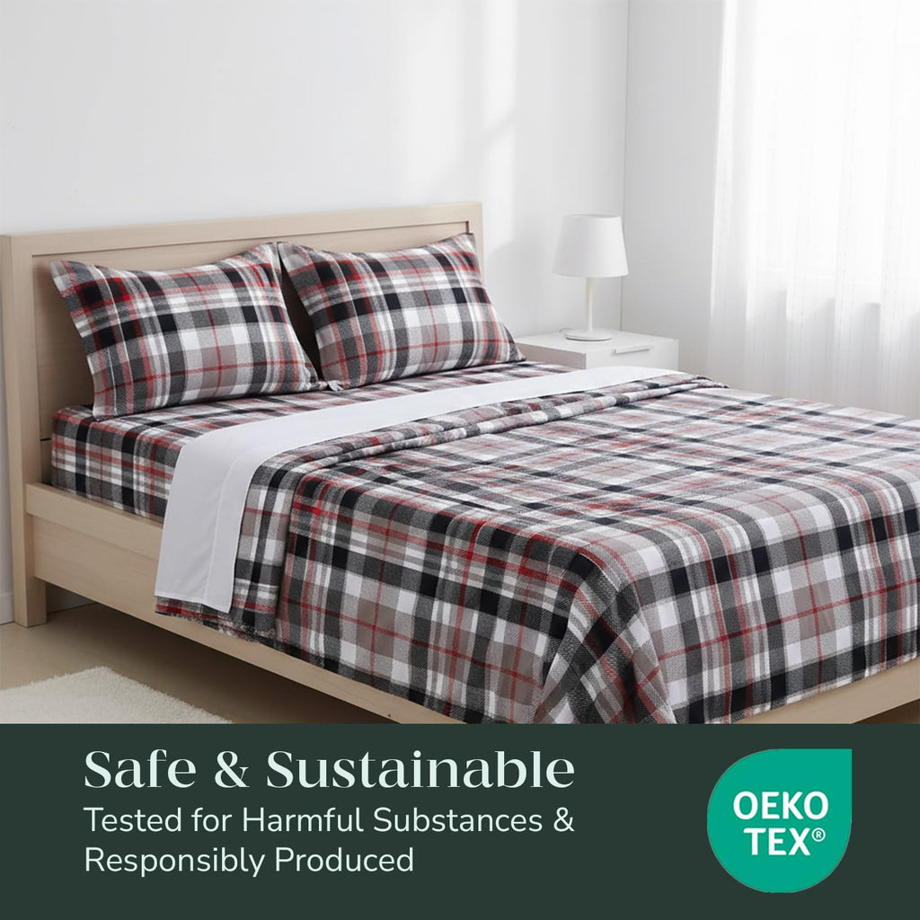 Feather & Stitch 100% Cotton Flannel Twin Sheet Set, 3 Piece Brushed Cotton Flannelette Flat Sheet, Winter Fitted Sheet, Heavy Weight Bedding, 16" Deep Pocket (Grey Plaid)
