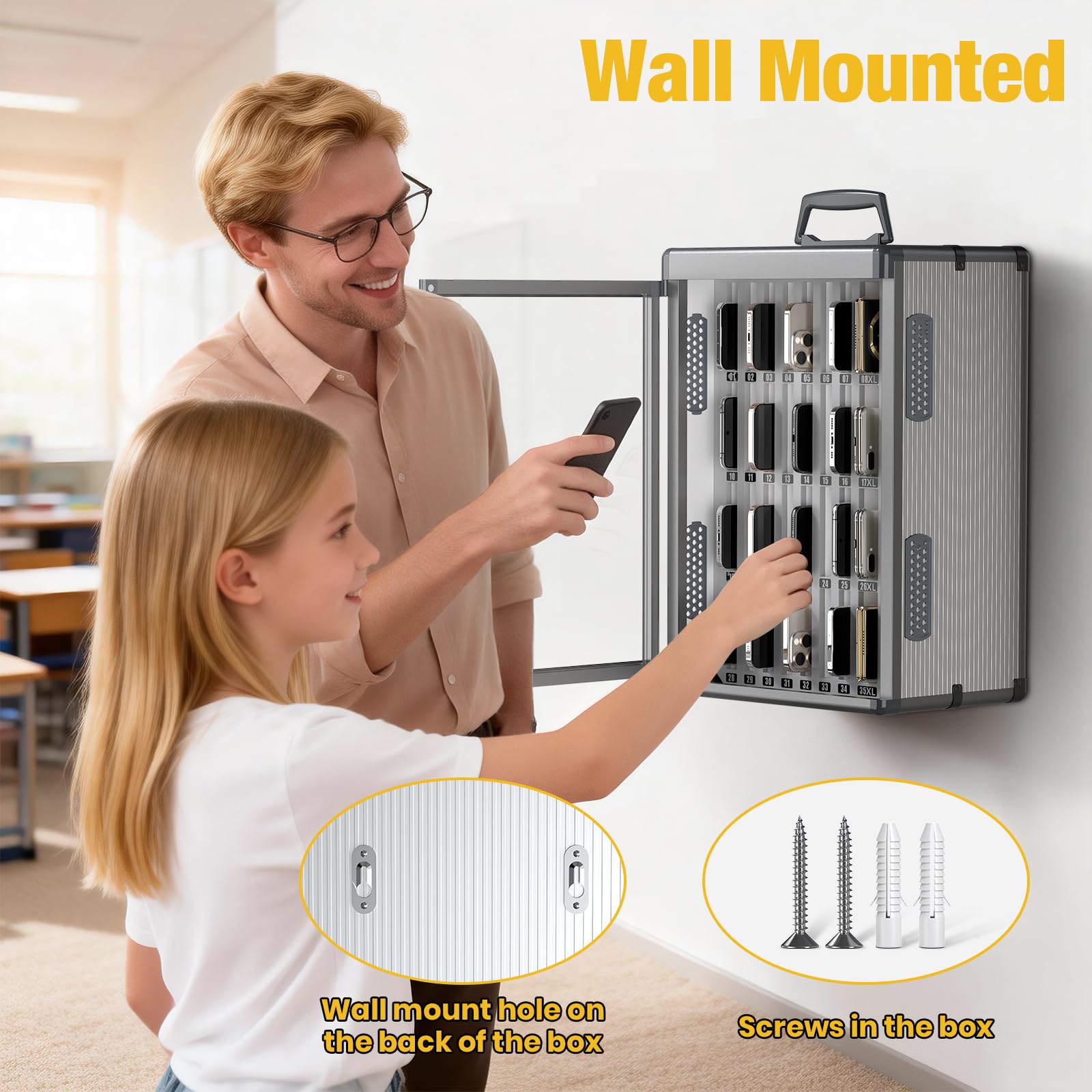 Glosen Cell Phone Locker 24 Slots, Portable Phone Storage Cabinet [Wall Mounted] [Silver 24 Slots-Universal Key ] Aluminum Alloy Cellphone Lock Box with Key & Handle for School Classroom Office Exam