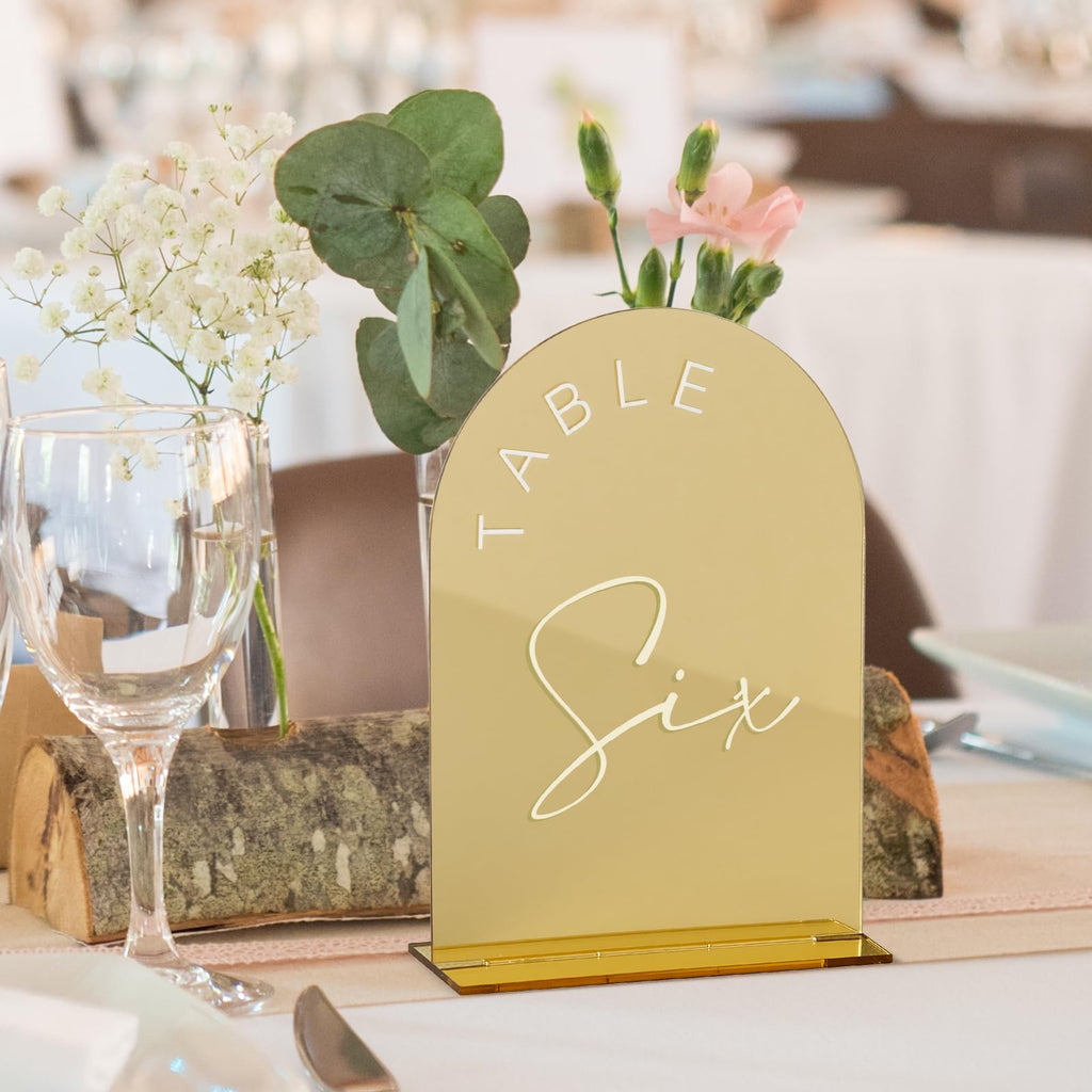 Black Arched Wedding Table Numbers 1-10 with Stands, 5x7 Inch Black Arch Acrylic Sign with Gold Letters, Acrylic Table Numbers for Wedding Reception
