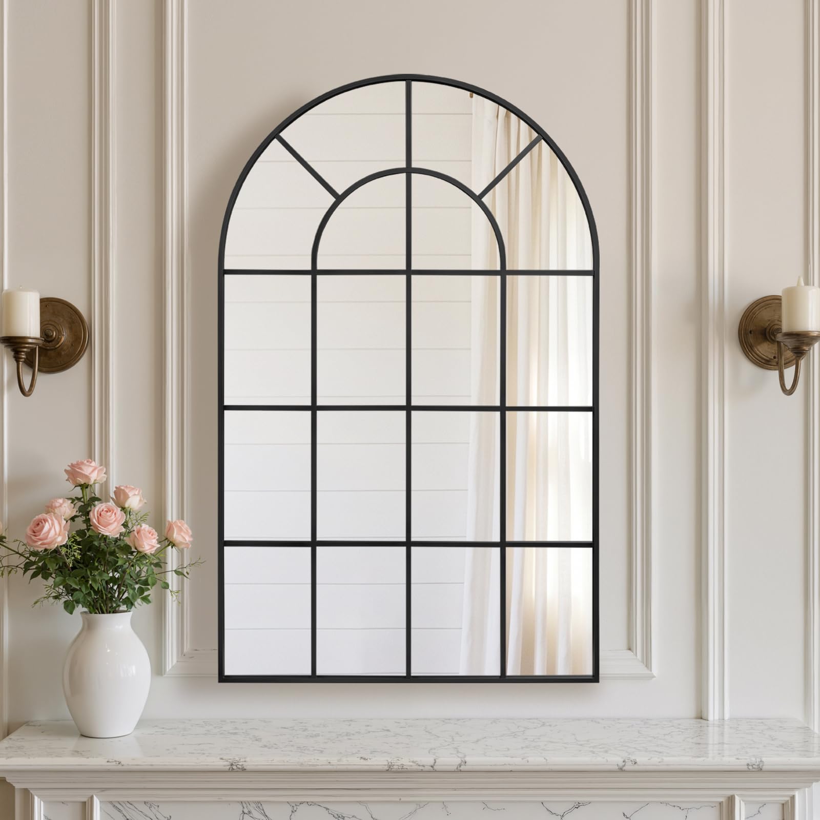 Anpark Arched Windowpane Wall Mirror 24"x36" Black Wall Mounted Art Pane Mirror Farmhouse Decorative Mirror Leaning Hanging Wall Mirror for Bedroom Living Room Entrance Hallway Wall Decor