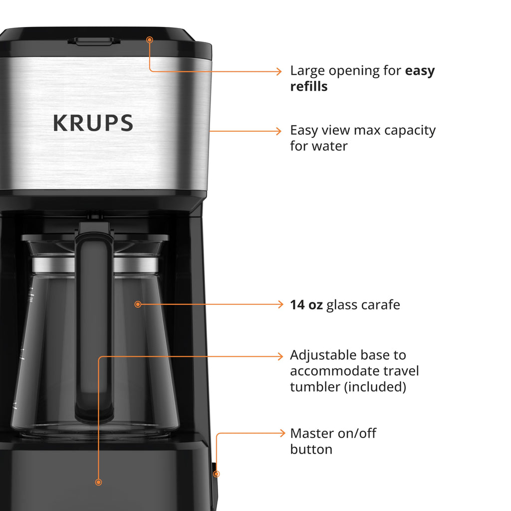KRUPS Simply Brew Coffee Maker - Multi-Serve 4-in-1 with Stainless Steel Travel Tumbler, Black, 14oz