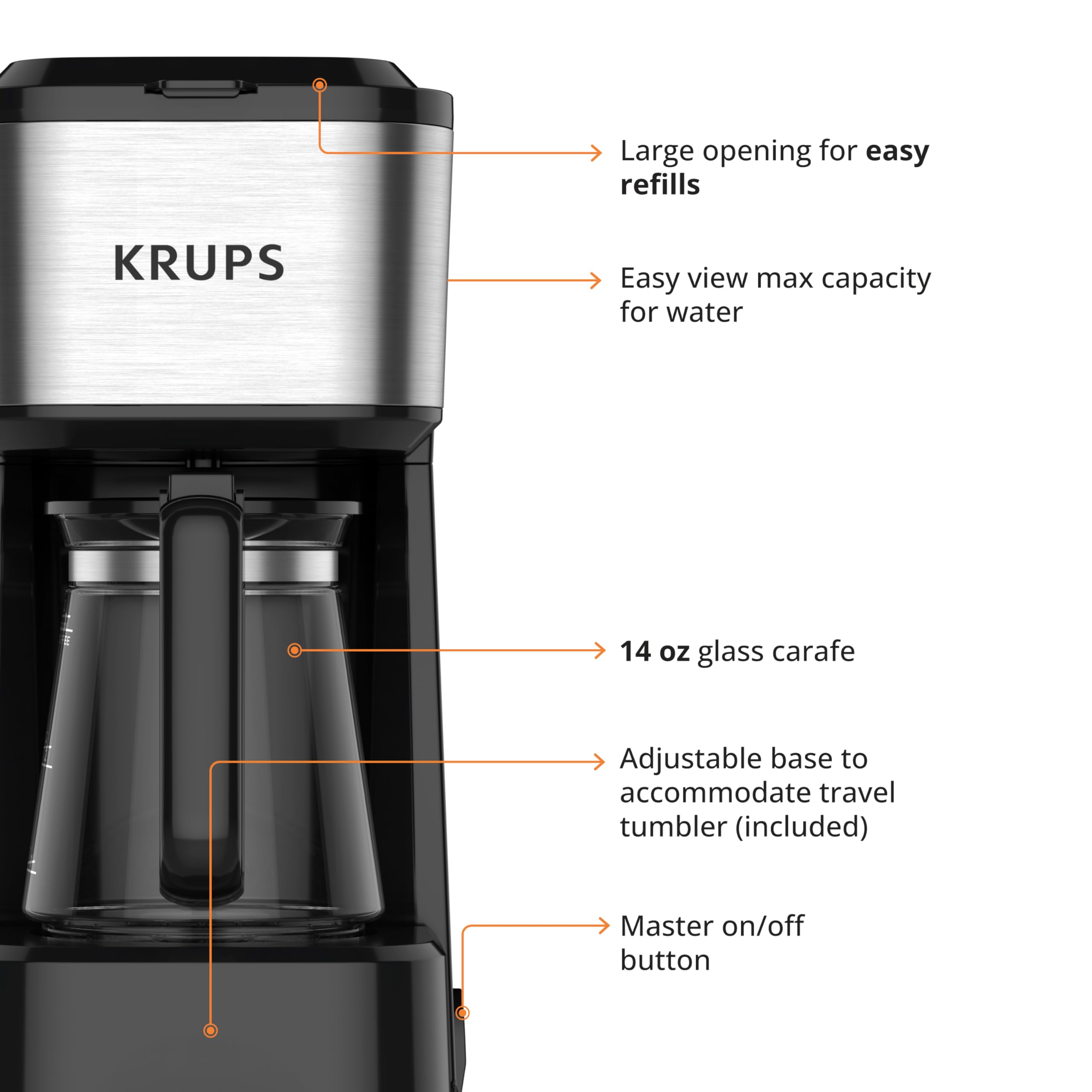 KRUPS Simply Brew Coffee Maker - Multi-Serve 4-in-1 with Stainless Steel Travel Tumbler, Black, 14oz